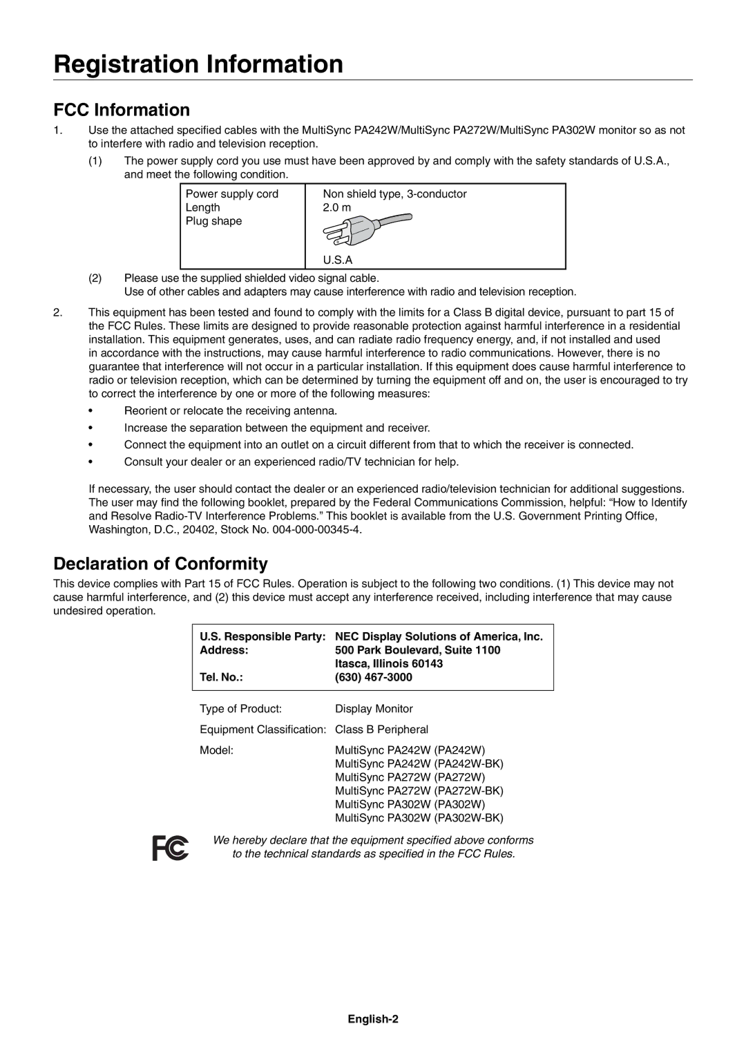 NEC PA242W user manual Registration Information, FCC Information, Declaration of Conformity, English-2 