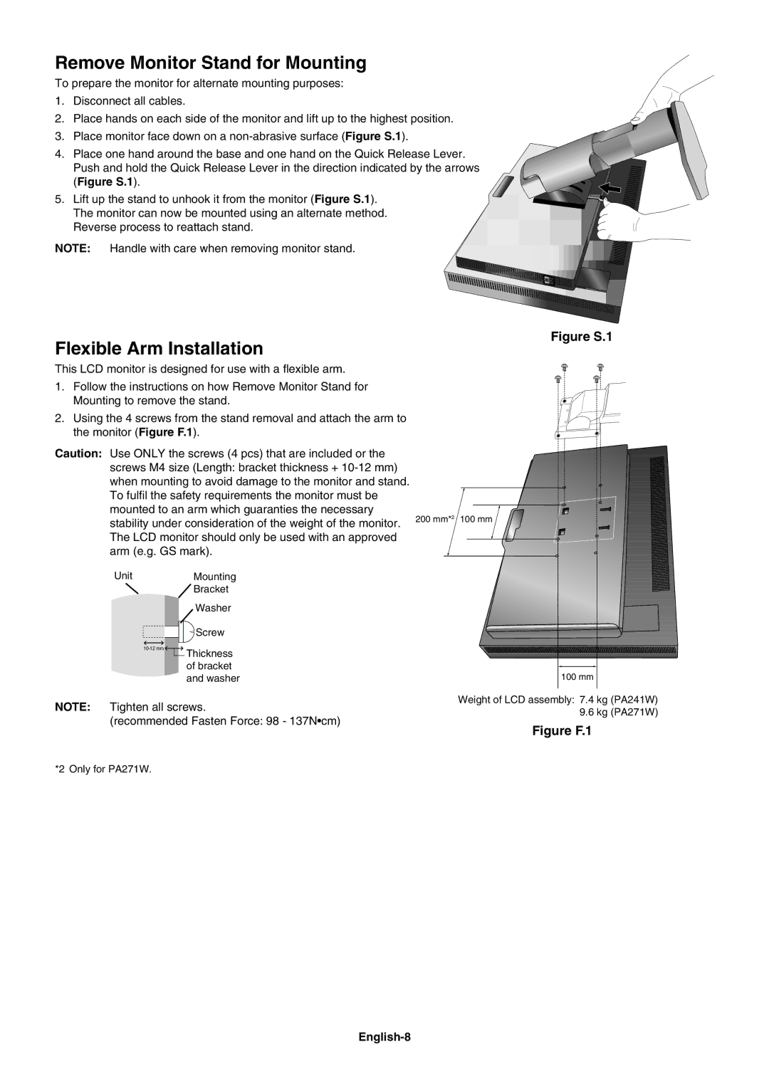 NEC PA271W, PA241W user manual Remove Monitor Stand for Mounting, Flexible Arm Installation, English-8 