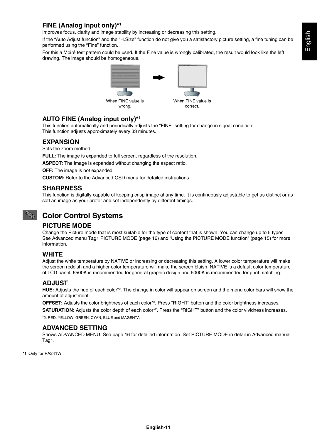 NEC PA241W, PA271W user manual Color Control Systems, Auto Fine Analog input only*1, English-11 