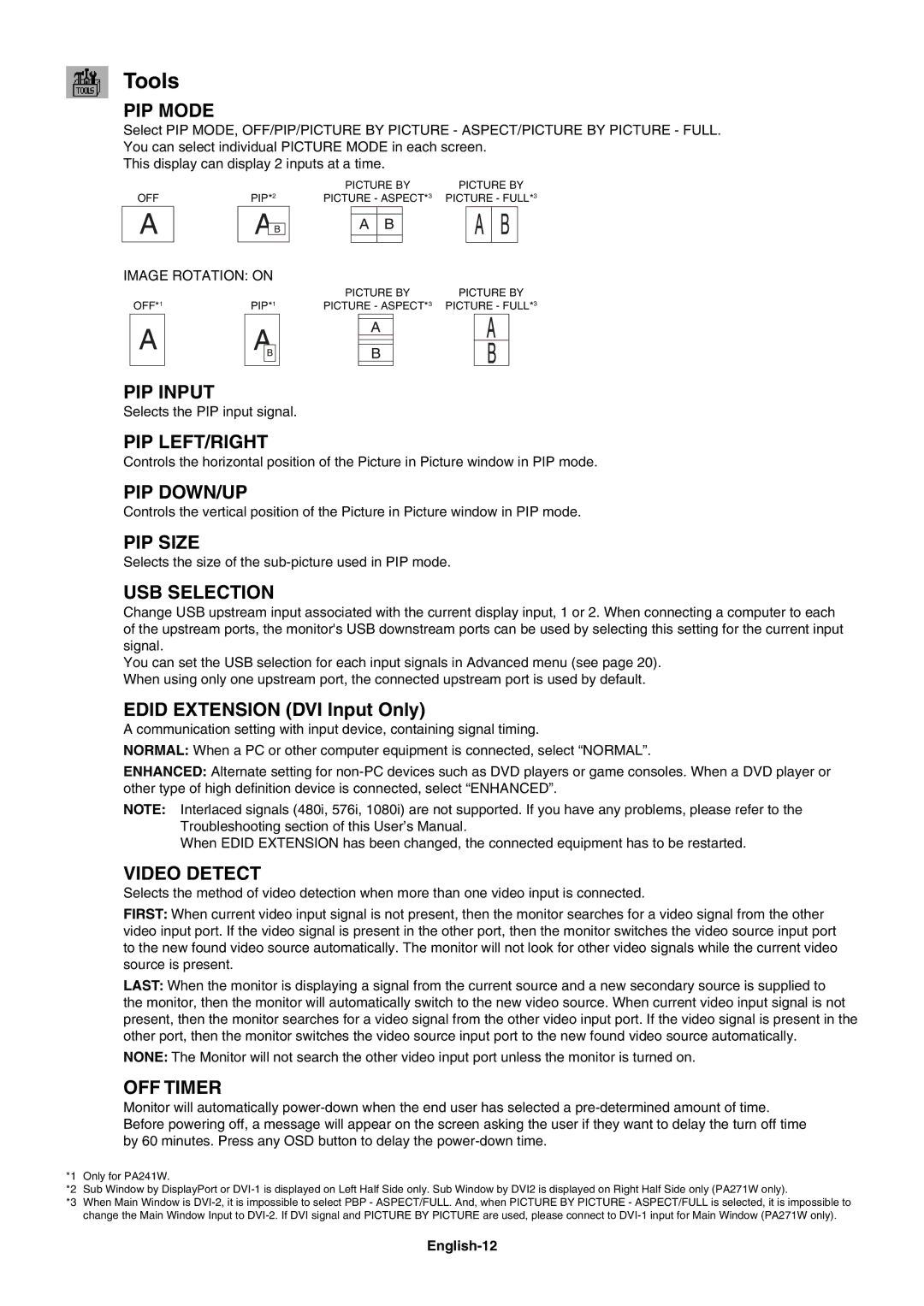NEC PA271W, PA241W user manual Tools, Edid Extension DVI Input Only, Image Rotation on, English-12 