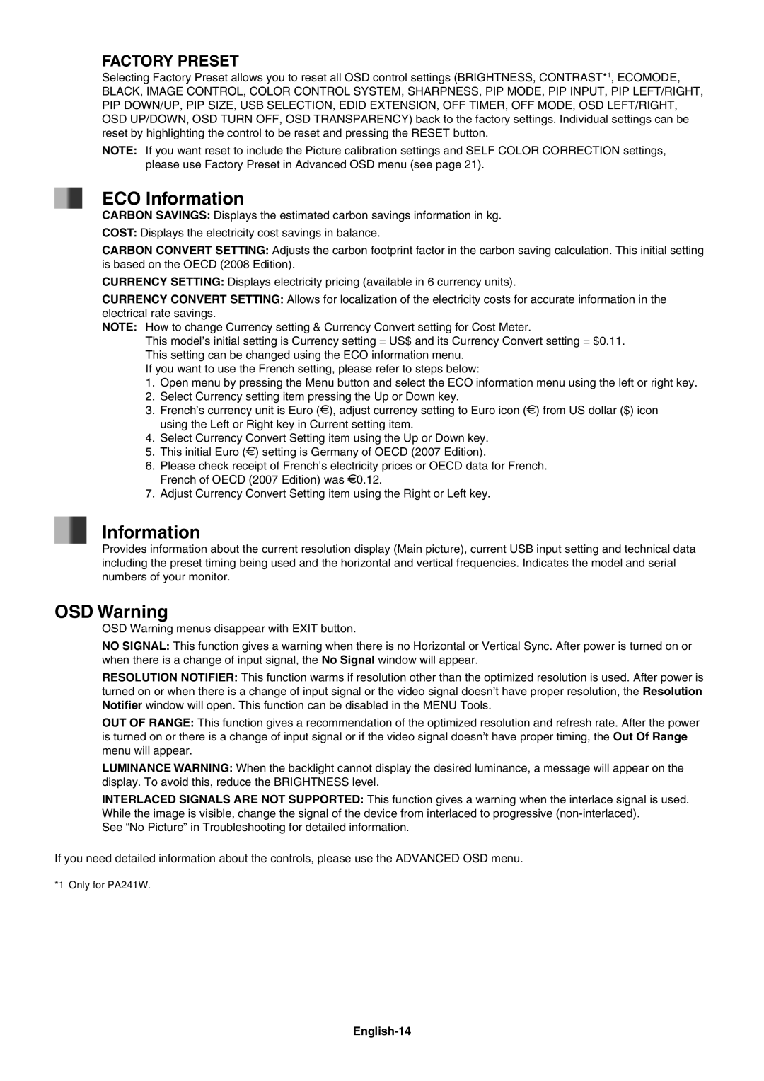 NEC PA271W, PA241W user manual ECO Information, OSD Warning, English-14 