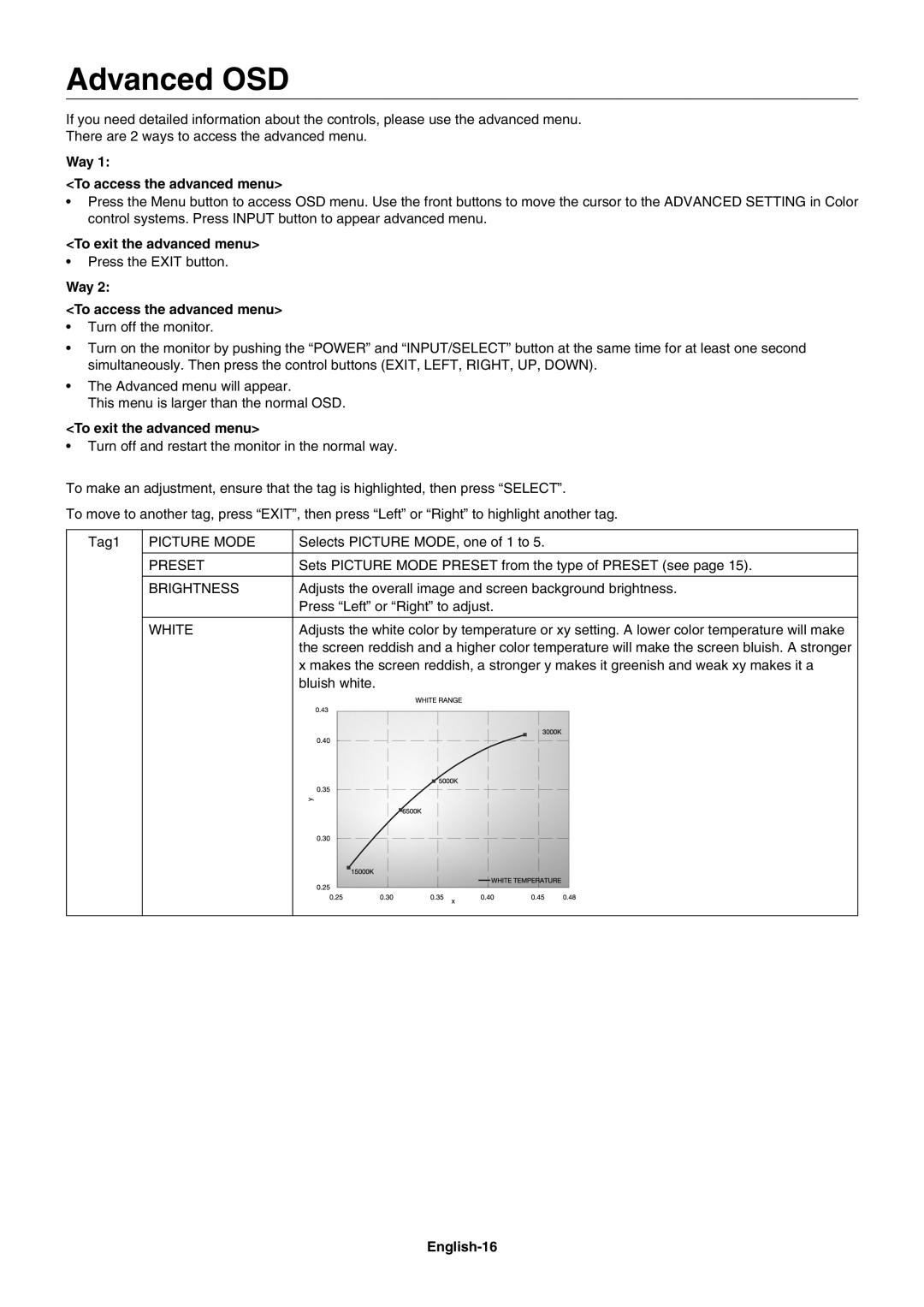 NEC PA271W, PA241W user manual Advanced OSD, Way To access the advanced menu, To exit the advanced menu, English-16 