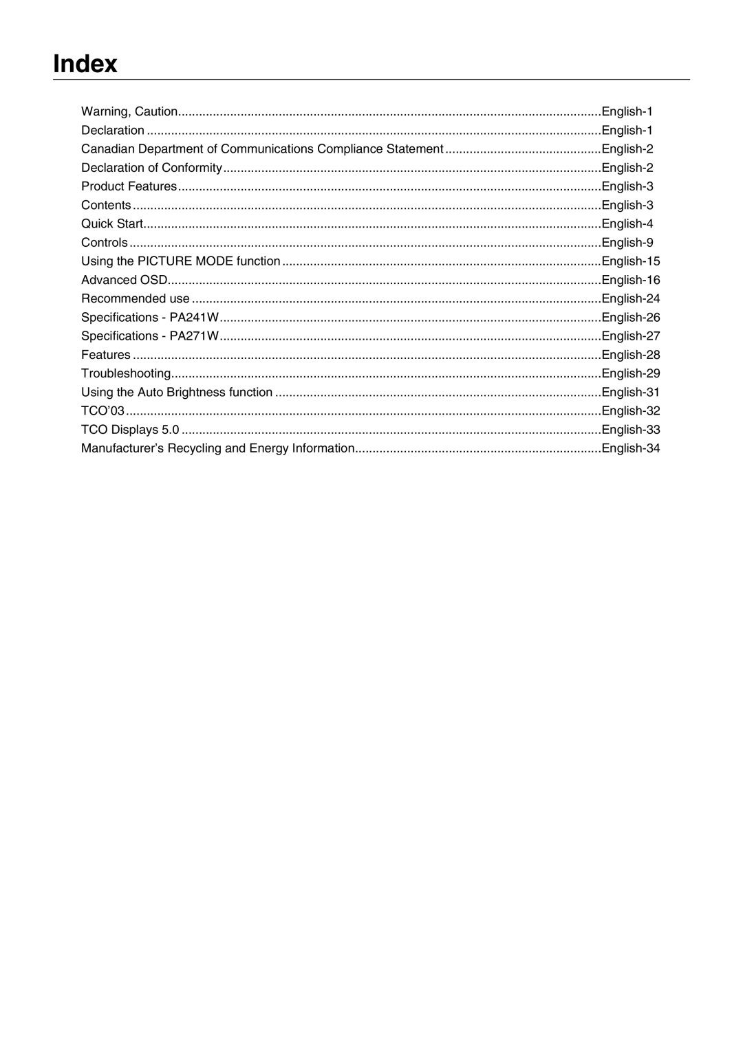 NEC PA271W, PA241W user manual Index, English-34 