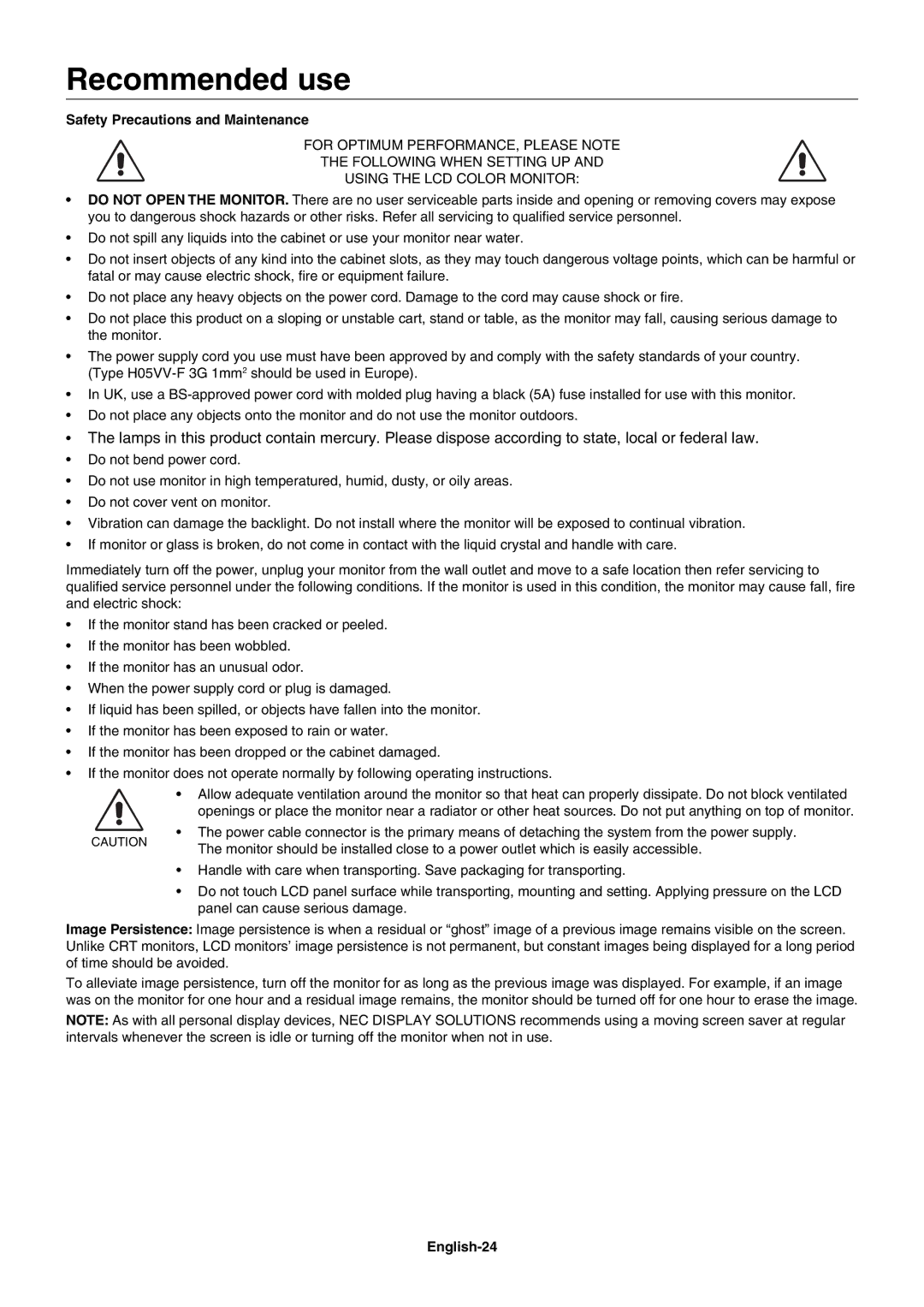 NEC PA271W, PA241W user manual Recommended use, Safety Precautions and Maintenance, English-24 