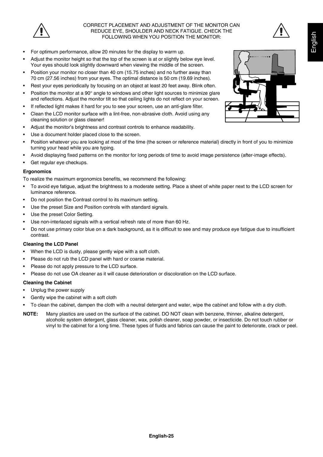 NEC PA241W, PA271W user manual Ergonomics, Cleaning the LCD Panel, Cleaning the Cabinet, English-25 