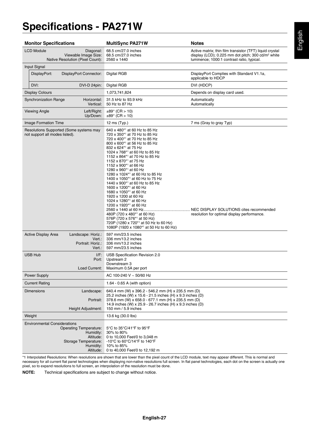 NEC PA241W user manual Speciﬁcations PA271W, Monitor Speciﬁcations MultiSync PA271W, English-27 