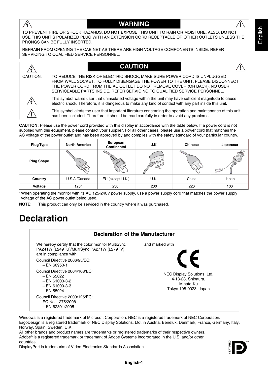 NEC PA241W, PA271W user manual Declaration of the Manufacturer, English-1 