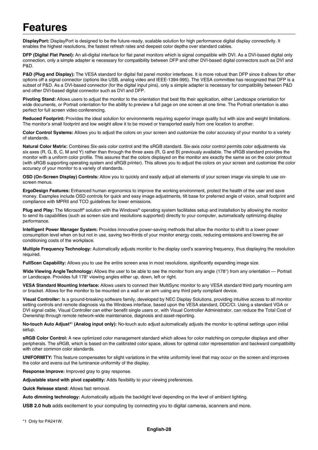 NEC PA271W, PA241W user manual Features, English-28 