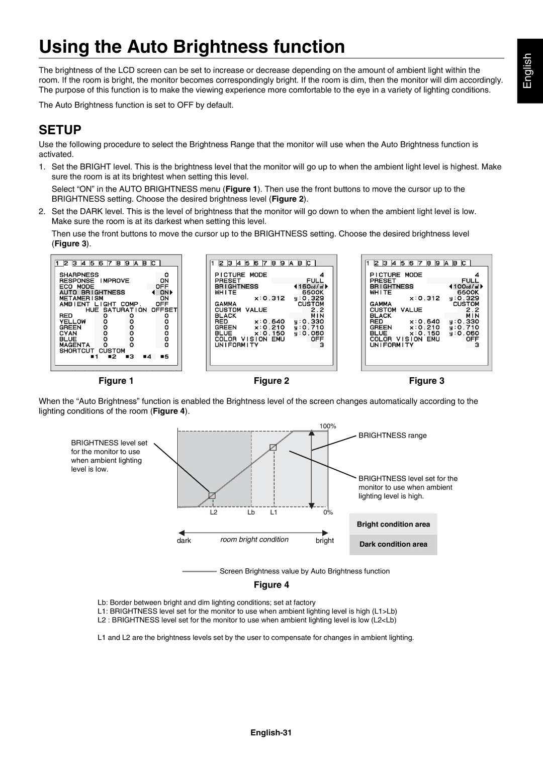 NEC PA241W, PA271W user manual Using the Auto Brightness function, English-31 