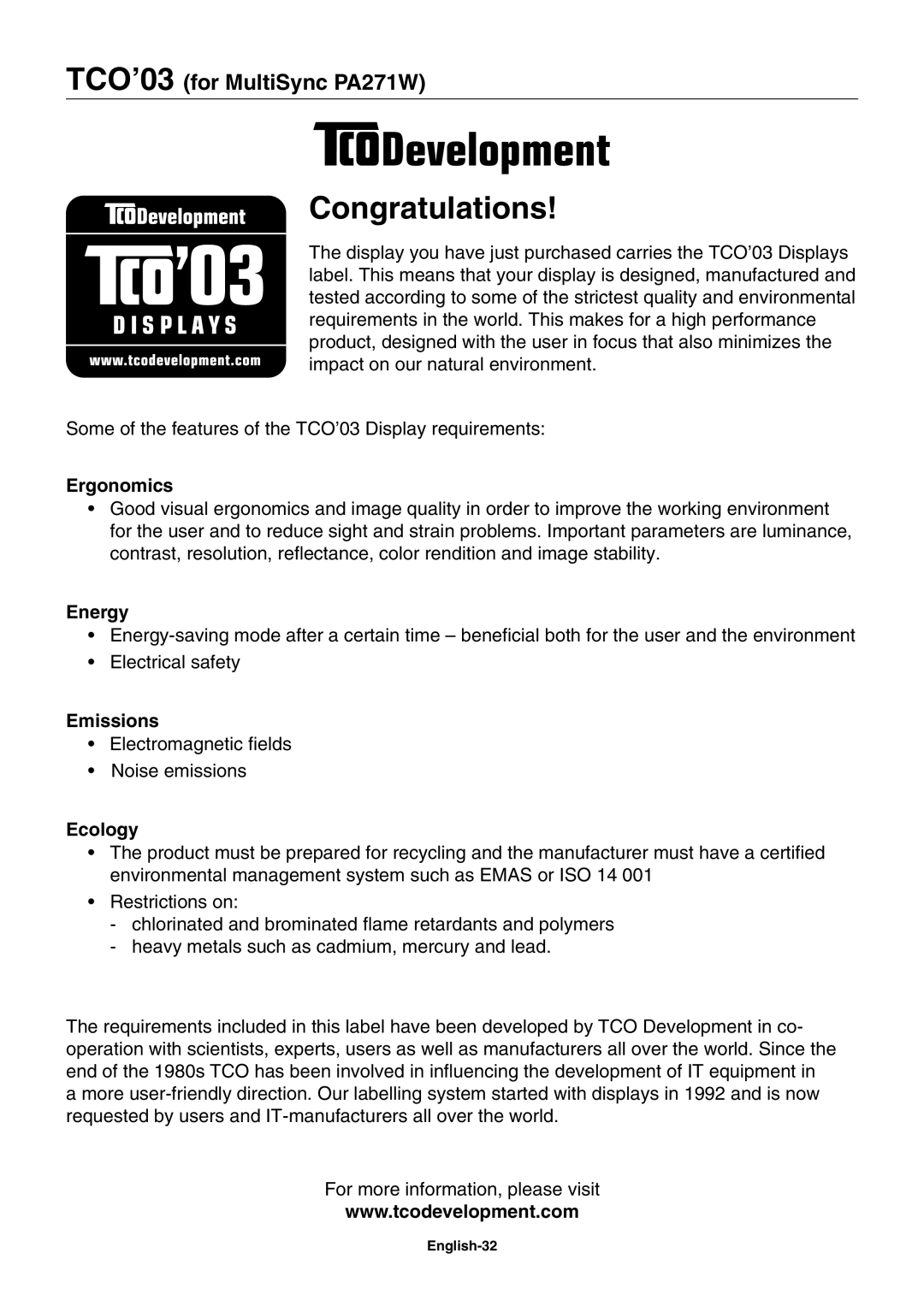 NEC PA241W user manual Congratulations, TCO’03 for MultiSync PA271W 