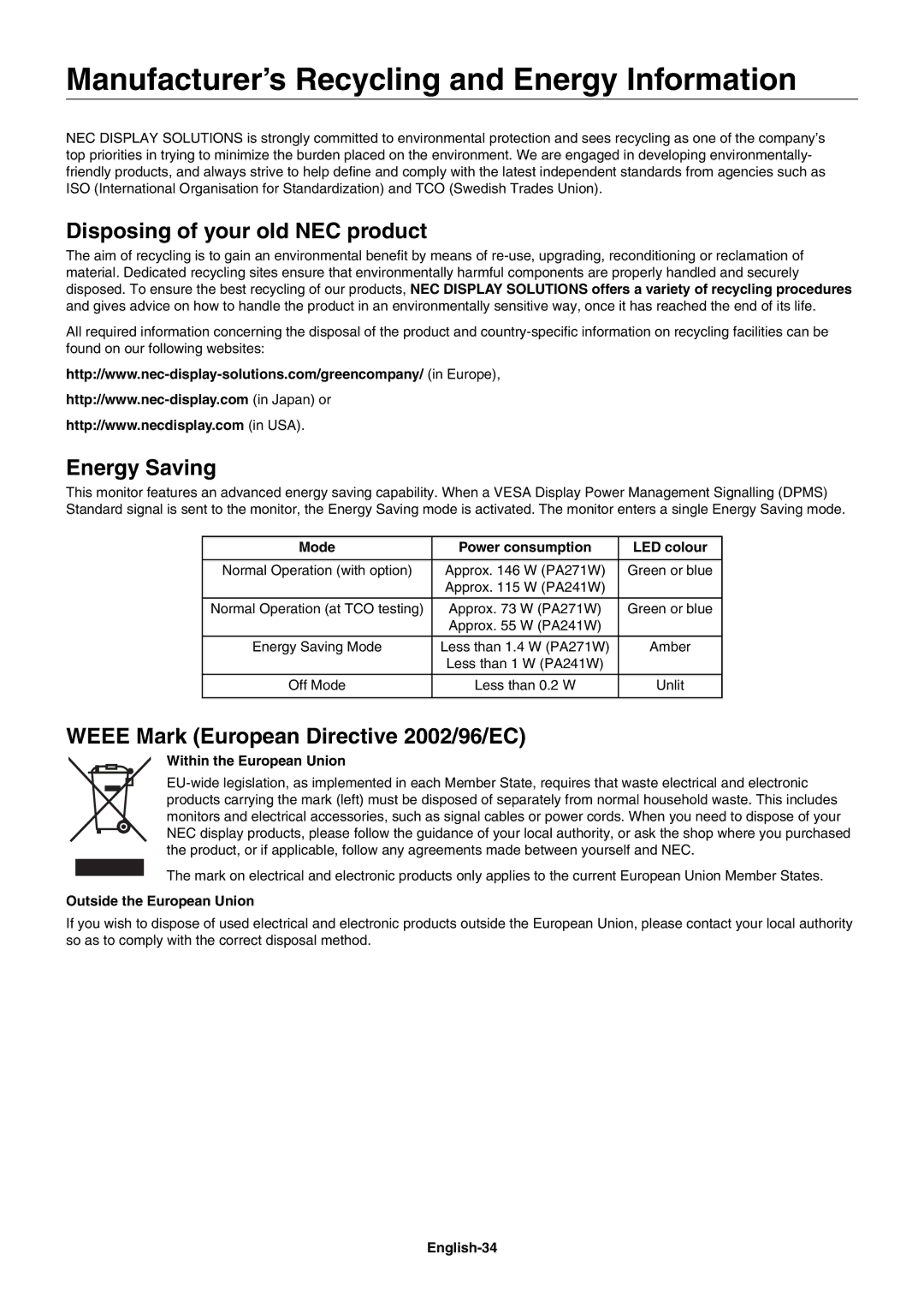 NEC PA271W, PA241W Manufacturer’s Recycling and Energy Information, Disposing of your old NEC product, Energy Saving 