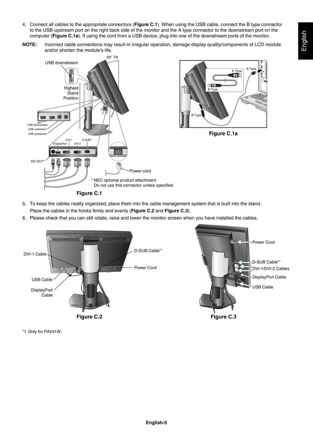 NEC PA241W, PA271W user manual English-5, USB downstream Highest Stand Position 