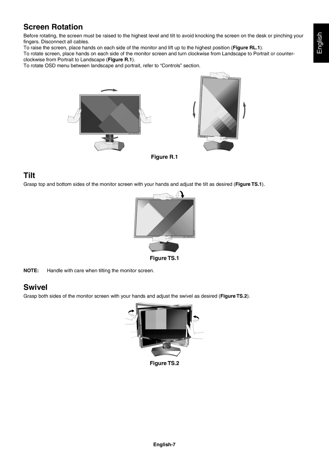 NEC PA241W, PA271W user manual Screen Rotation, Tilt, Swivel, English-7 