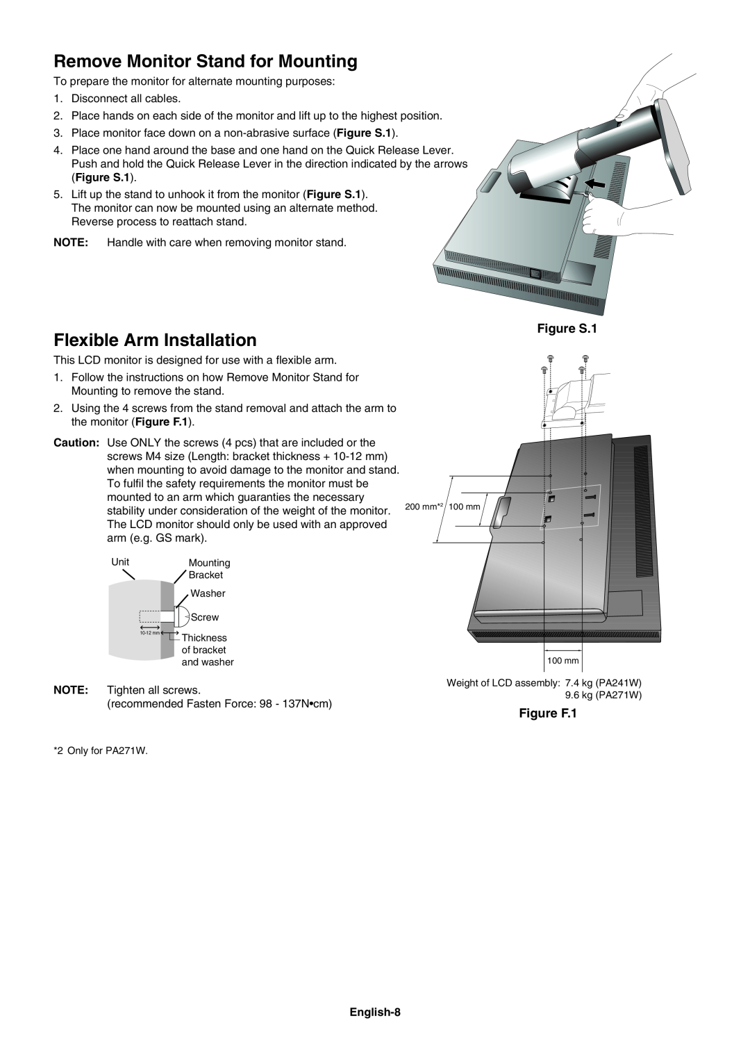 NEC PA271W user manual Remove Monitor Stand for Mounting, Flexible Arm Installation, Figure S.1, Figure F.1 