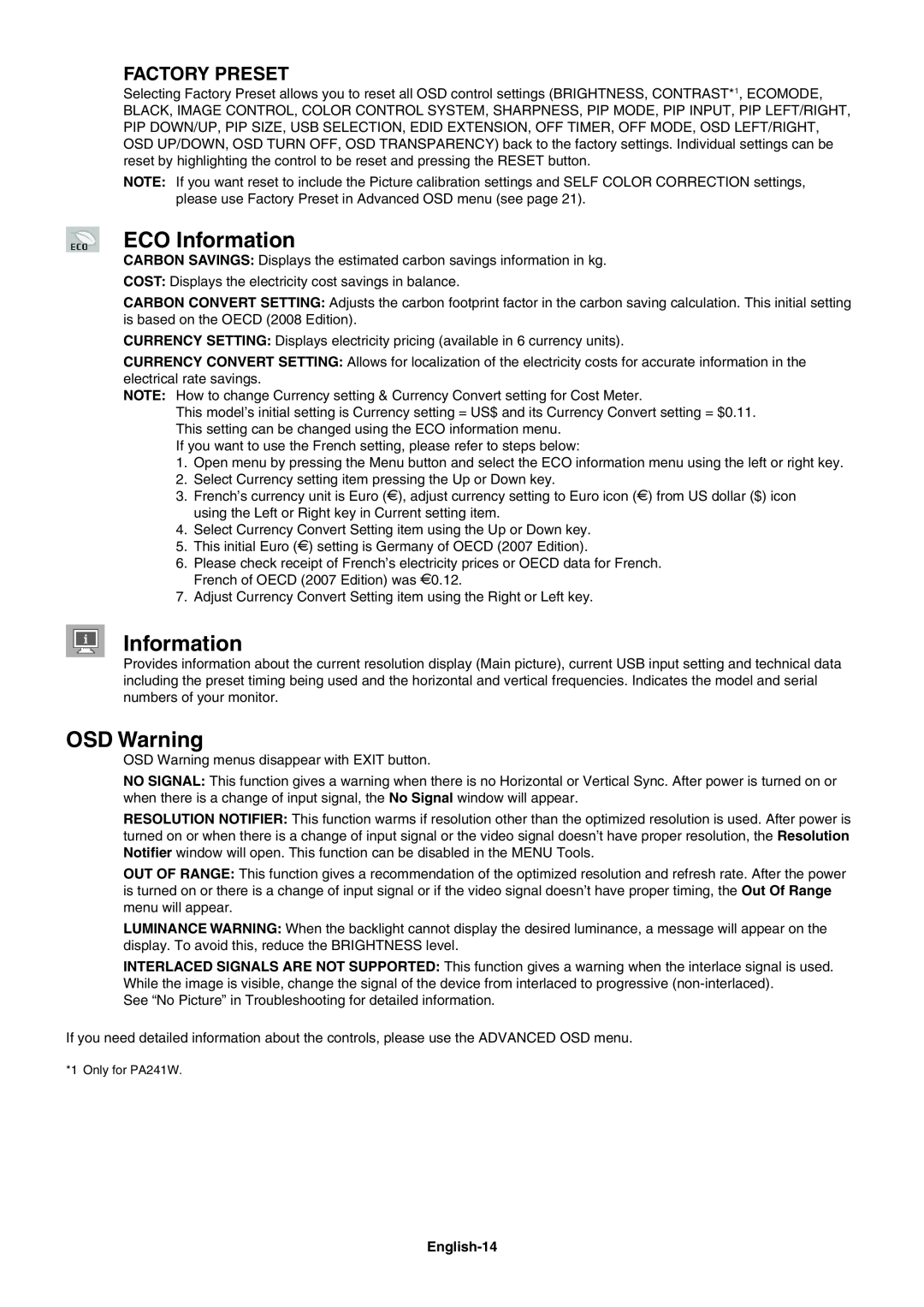 NEC PA271W user manual ECO Information, OSD Warning, Factory Preset 