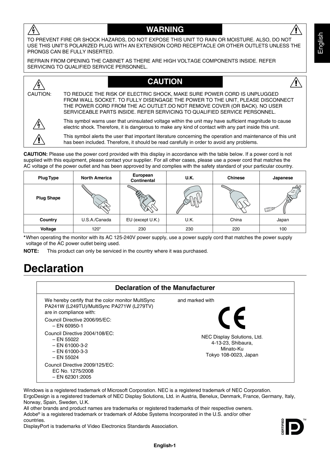 NEC PA271W user manual Declaration of the Manufacturer, English 