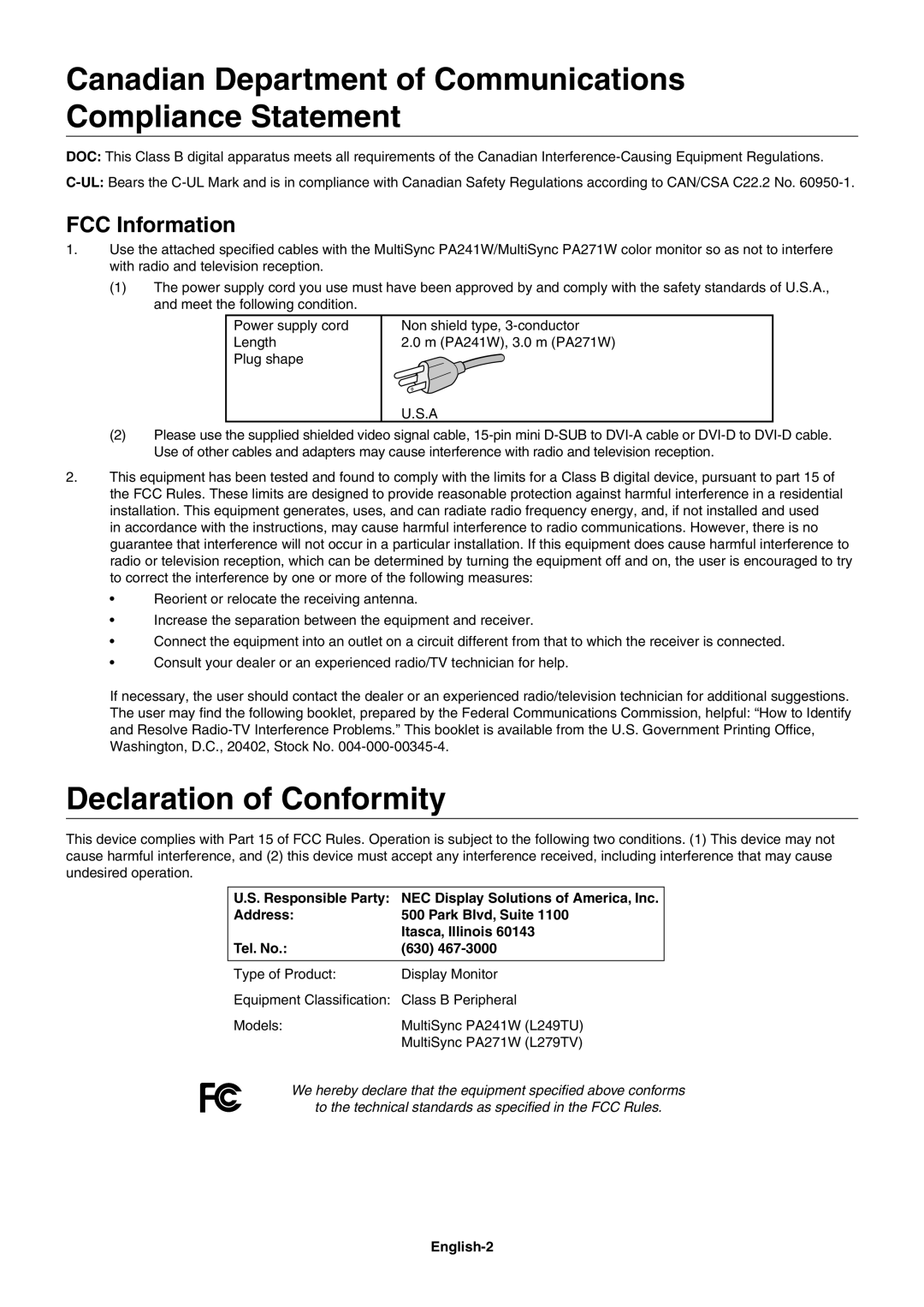 NEC PA271W Canadian Department of Communications Compliance Statement, Declaration of Conformity, FCC Information 