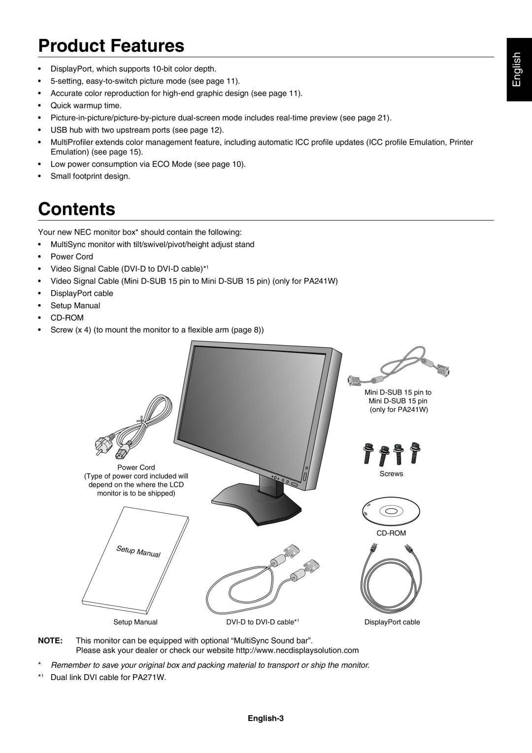 NEC PA271W user manual Product Features, Contents, English-3 