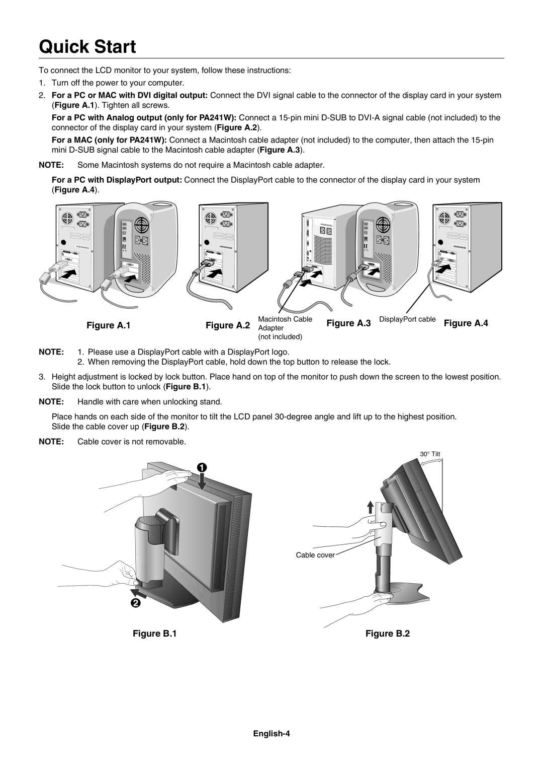 NEC PA271W user manual Quick Start, Figure A.3, Figure A.4, Figure A.1, Figure A.2 Adapter, Figure B.1, Figure B.2 