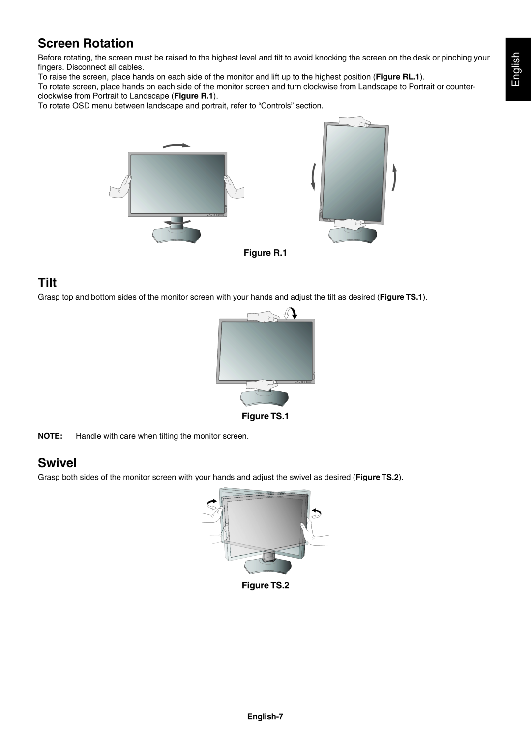 NEC PA271W user manual Screen Rotation, Tilt, Swivel, English, Figure R.1, Figure TS.1, Figure TS.2 