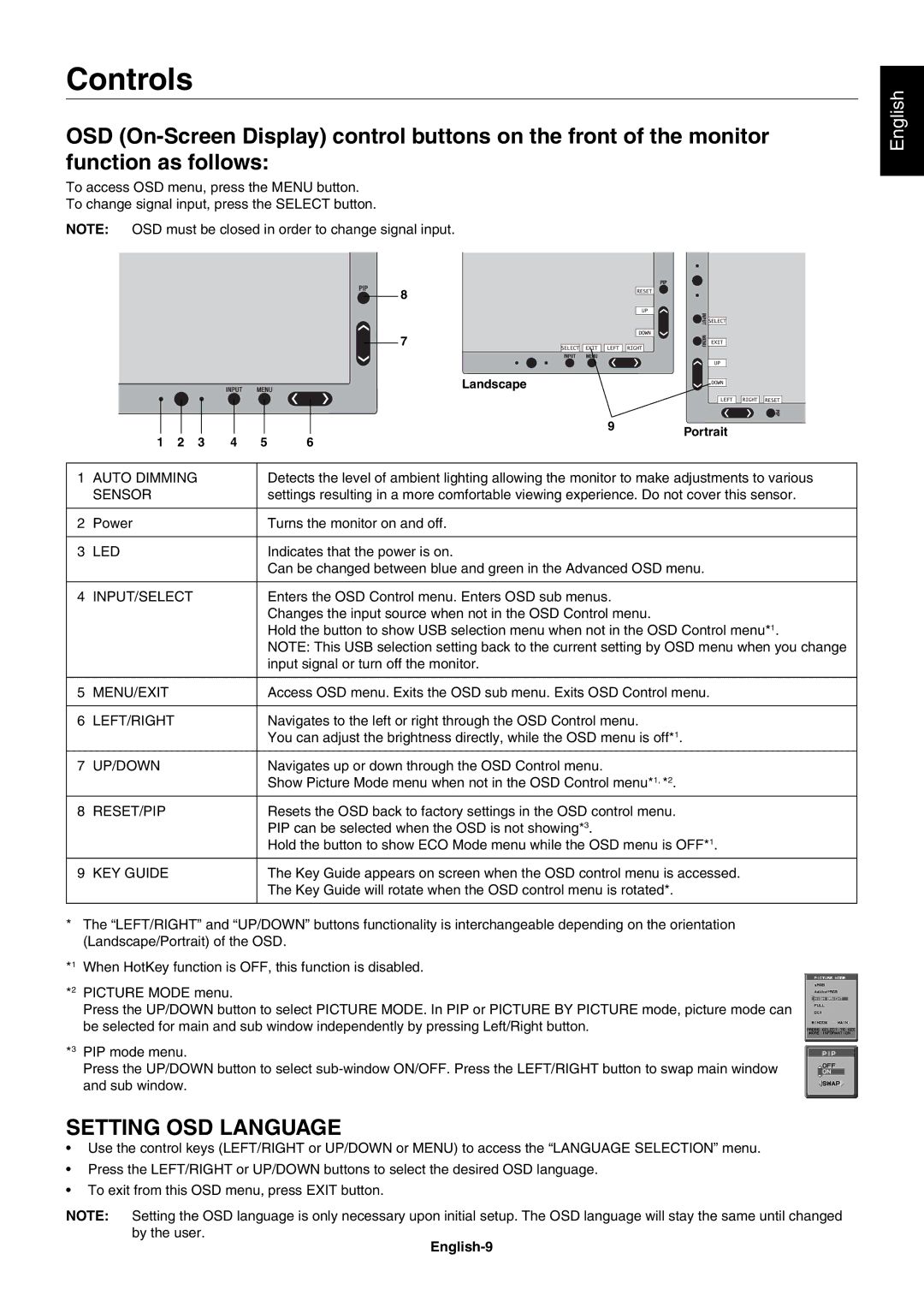 NEC PA271W user manual Controls, English-9 