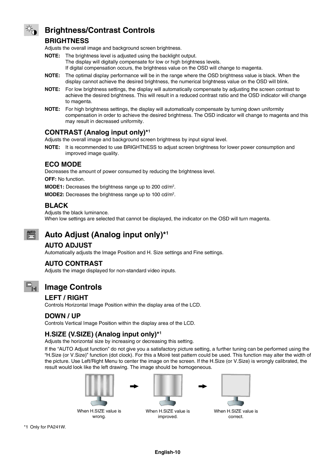 NEC PA271W Brightness/Contrast Controls, Auto Adjust Analog input only*1, Image Controls, Contrast Analog input only*1 