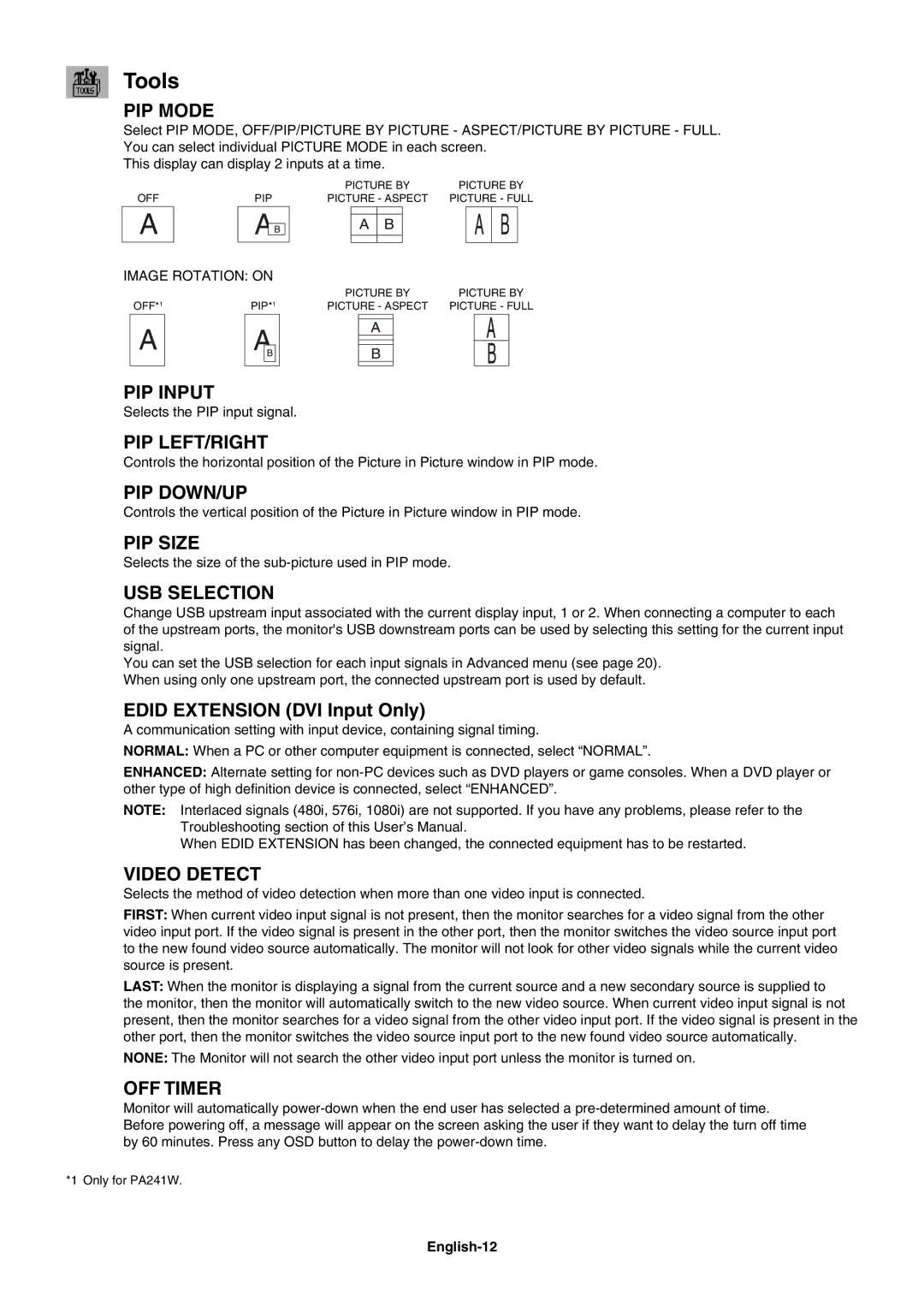NEC PA271W user manual Tools, Edid Extension DVI Input Only, Image Rotation on, English-12 