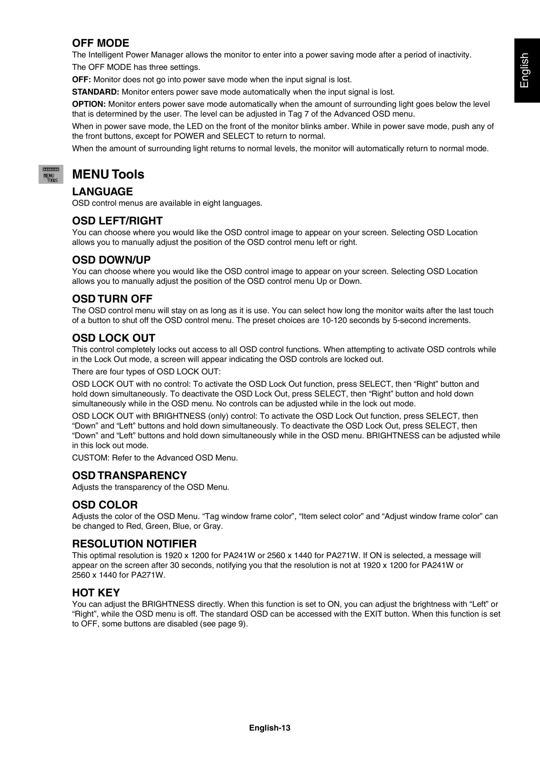 NEC PA271W user manual Menu Tools, English-13 