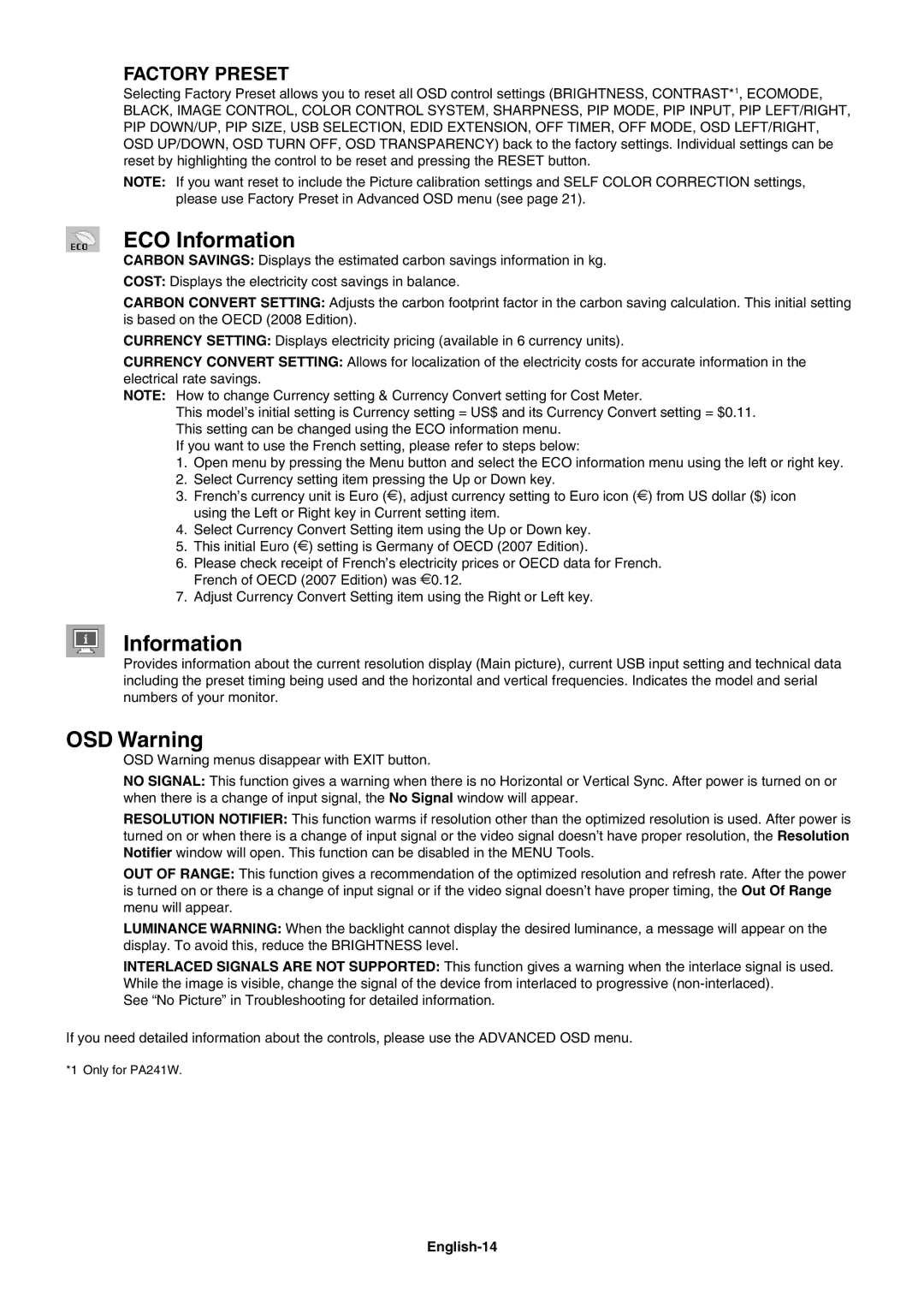 NEC PA271W user manual ECO Information, OSD Warning, English-14 