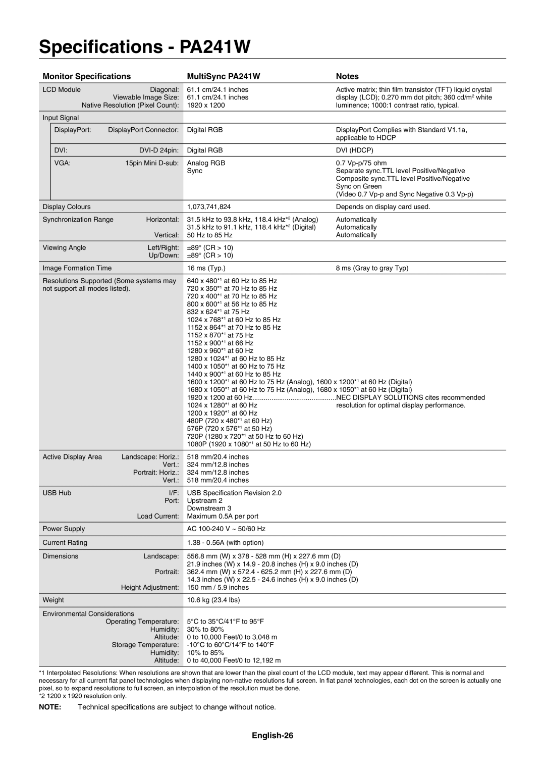 NEC PA271W user manual Speciﬁcations PA241W, Monitor Speciﬁcations MultiSync PA241W, English-26 