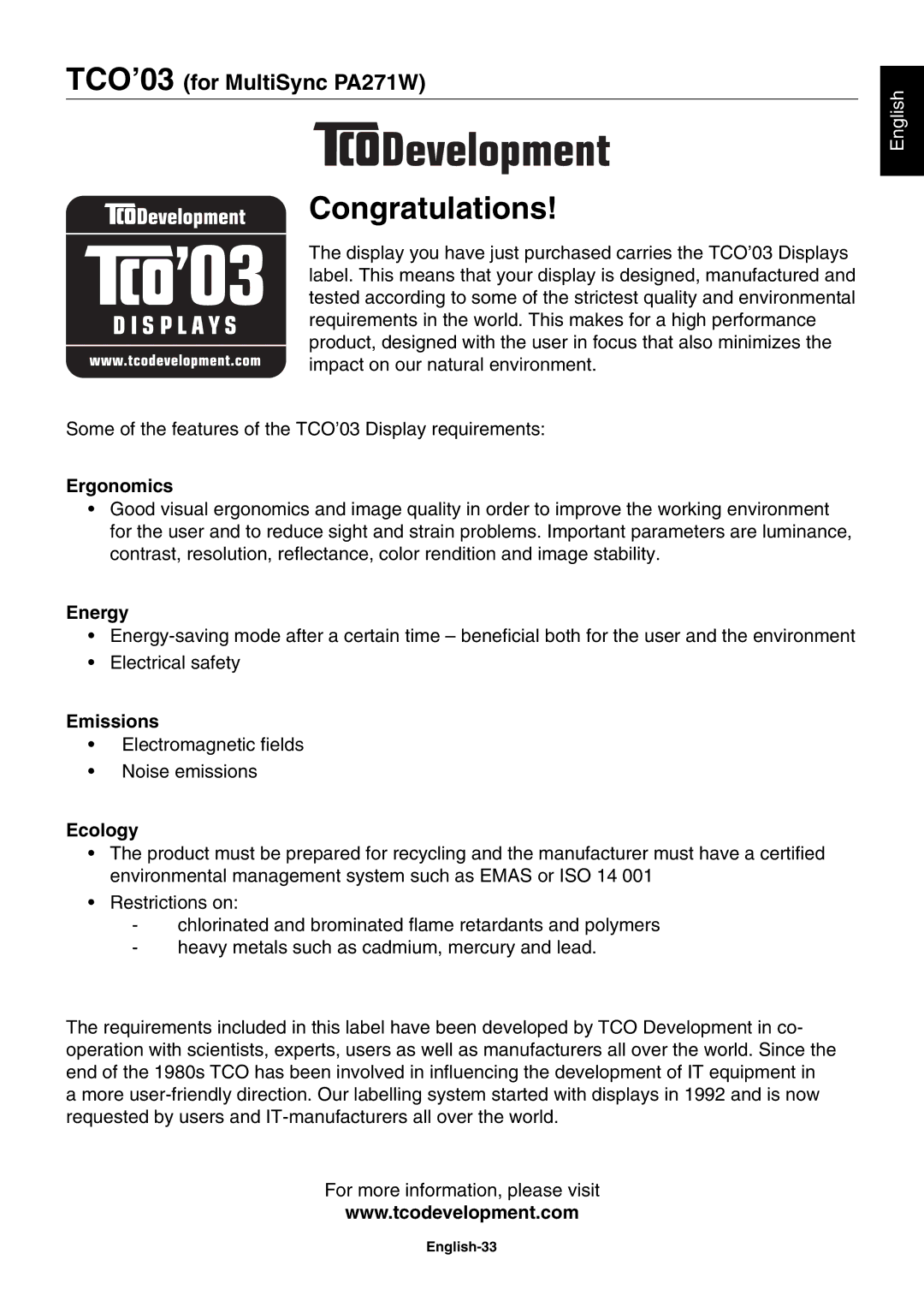 NEC user manual Congratulations, TCO’03 for MultiSync PA271W 