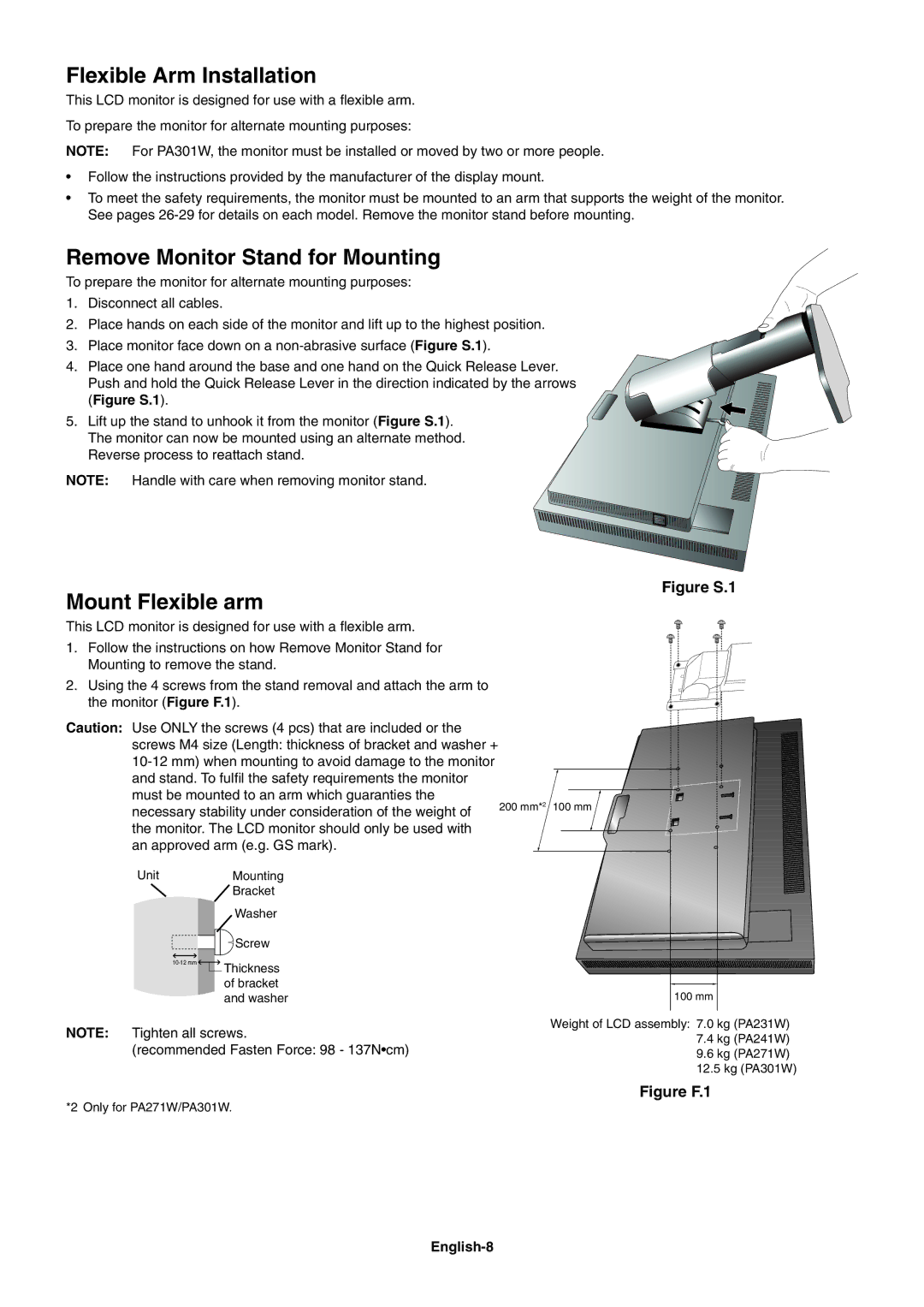 NEC PA301W, PA231W user manual Flexible Arm Installation, Remove Monitor Stand for Mounting, Mount Flexible arm, English-8 