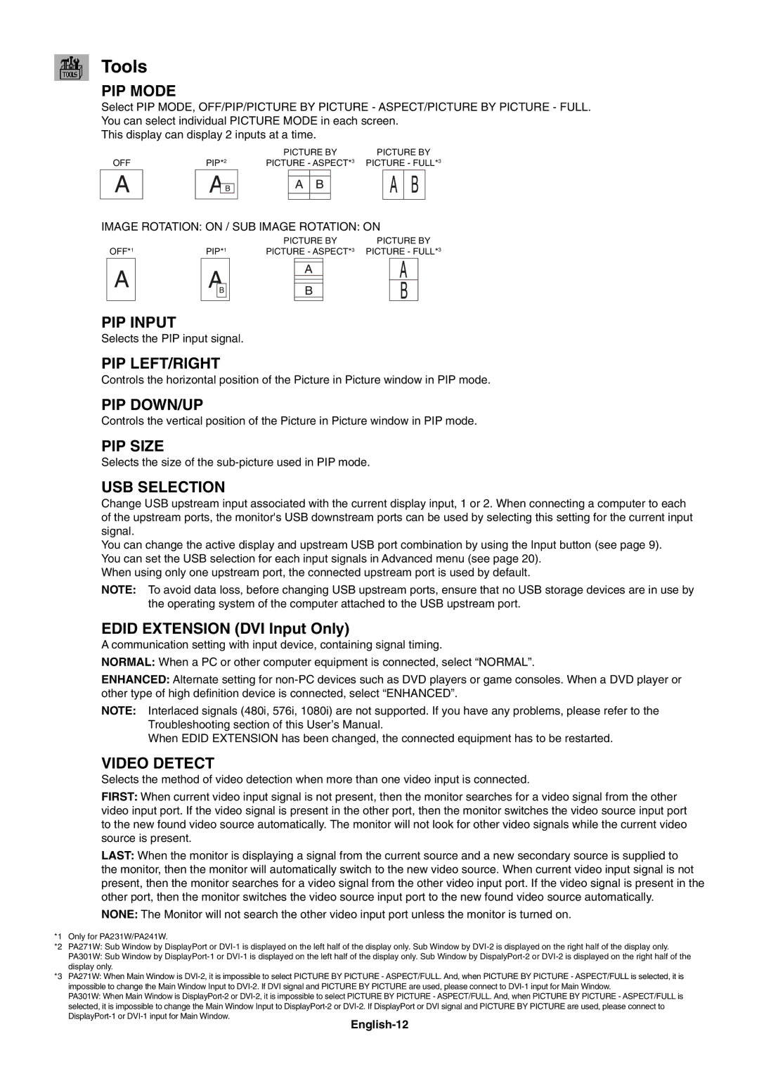 NEC PA301W, PA231W user manual Tools, Edid Extension DVI Input Only, Image Rotation on / SUB Image Rotation on, English-12 