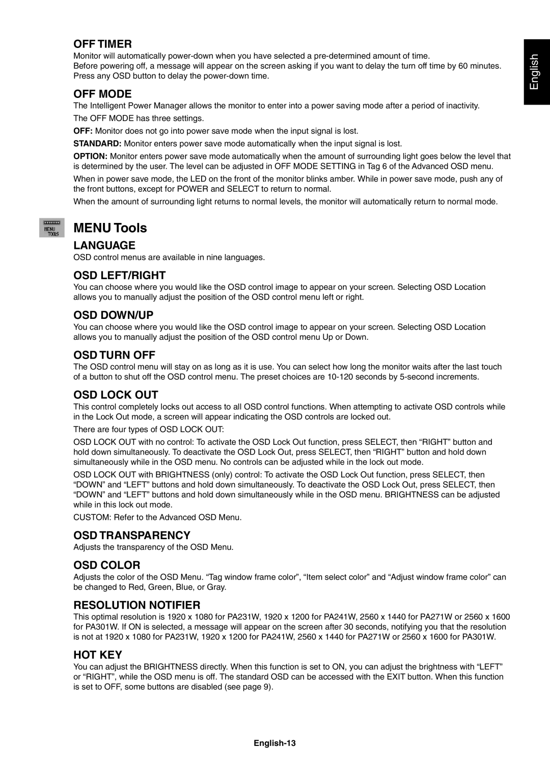 NEC PA231W, PA301W user manual Menu Tools, English-13 