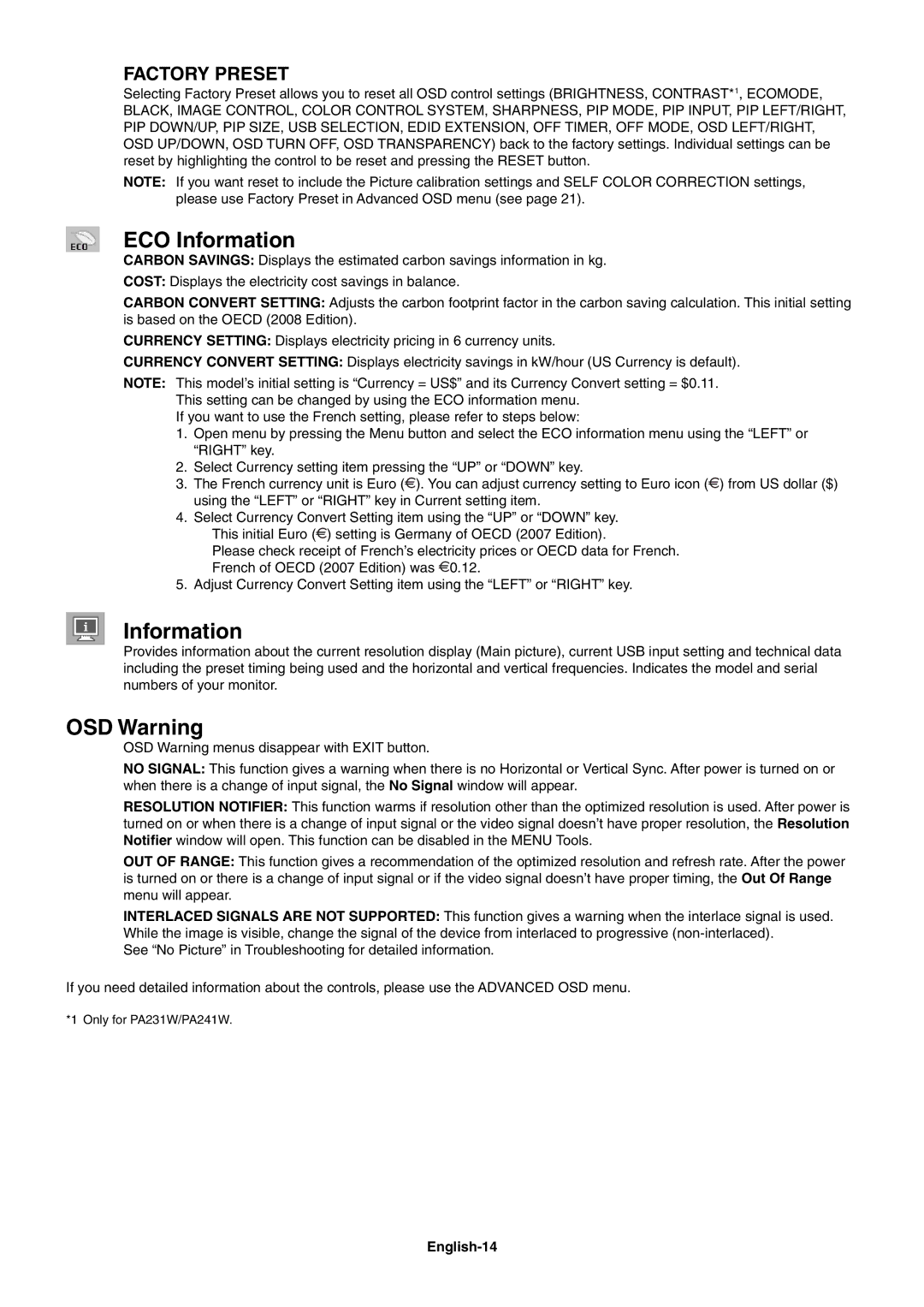 NEC PA301W, PA231W user manual ECO Information, OSD Warning, English-14 