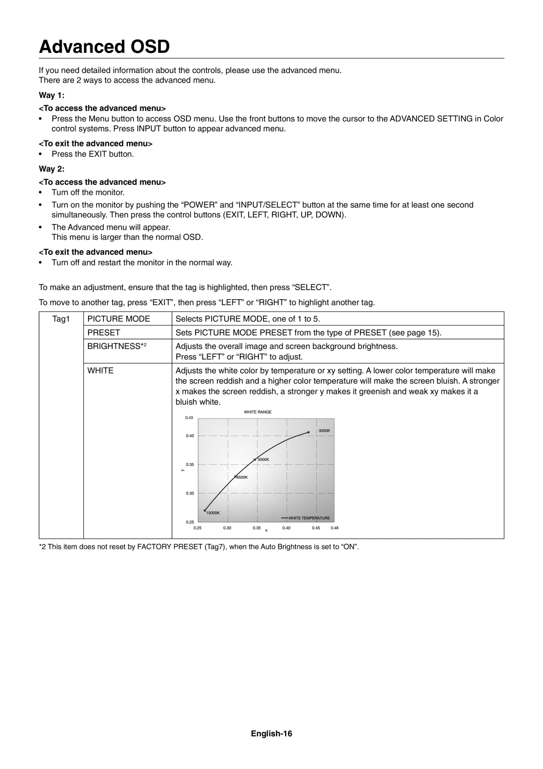 NEC PA301W, PA231W user manual Advanced OSD, Way To access the advanced menu, To exit the advanced menu, English-16 