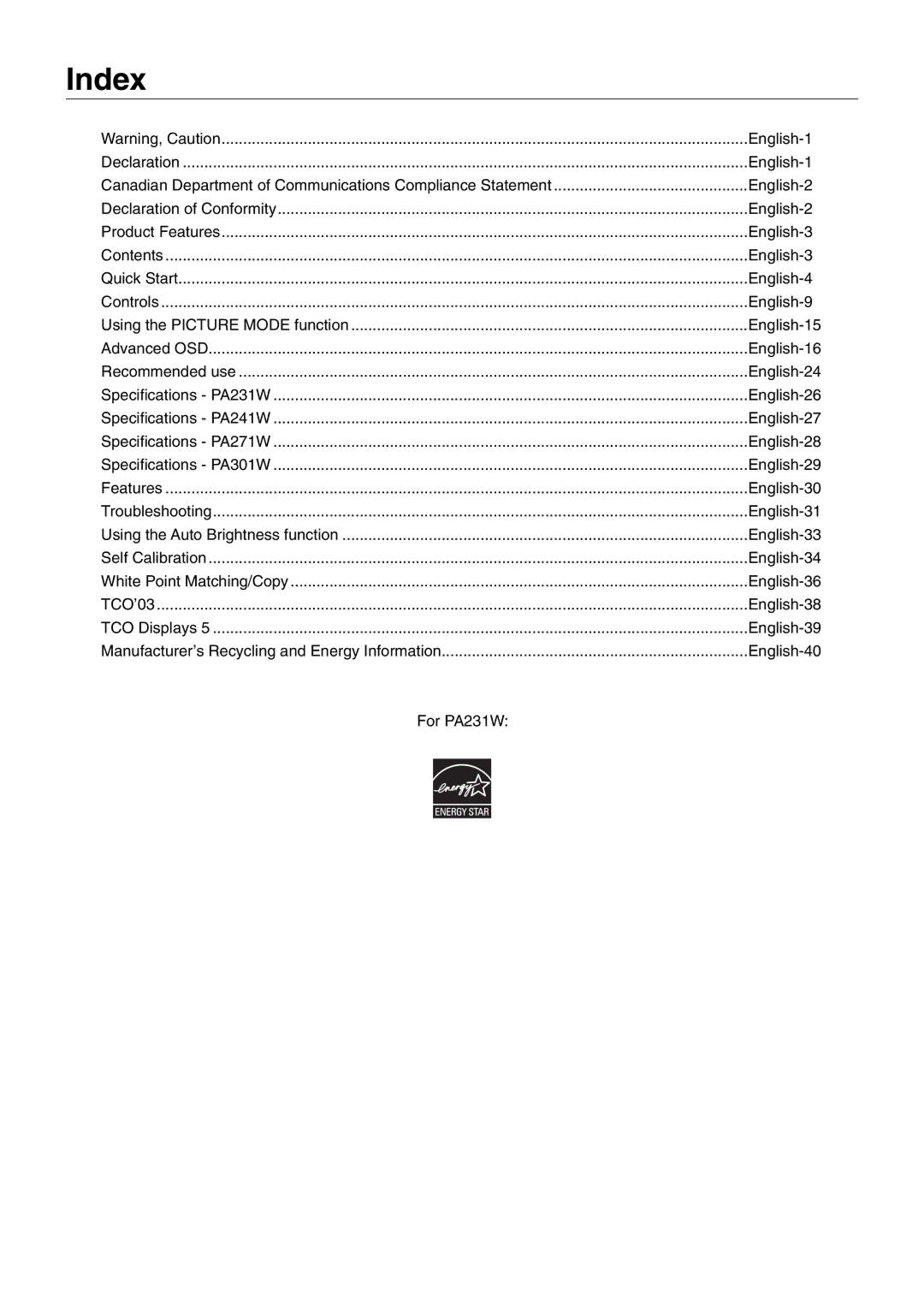 NEC PA301W user manual Index, For PA231W 