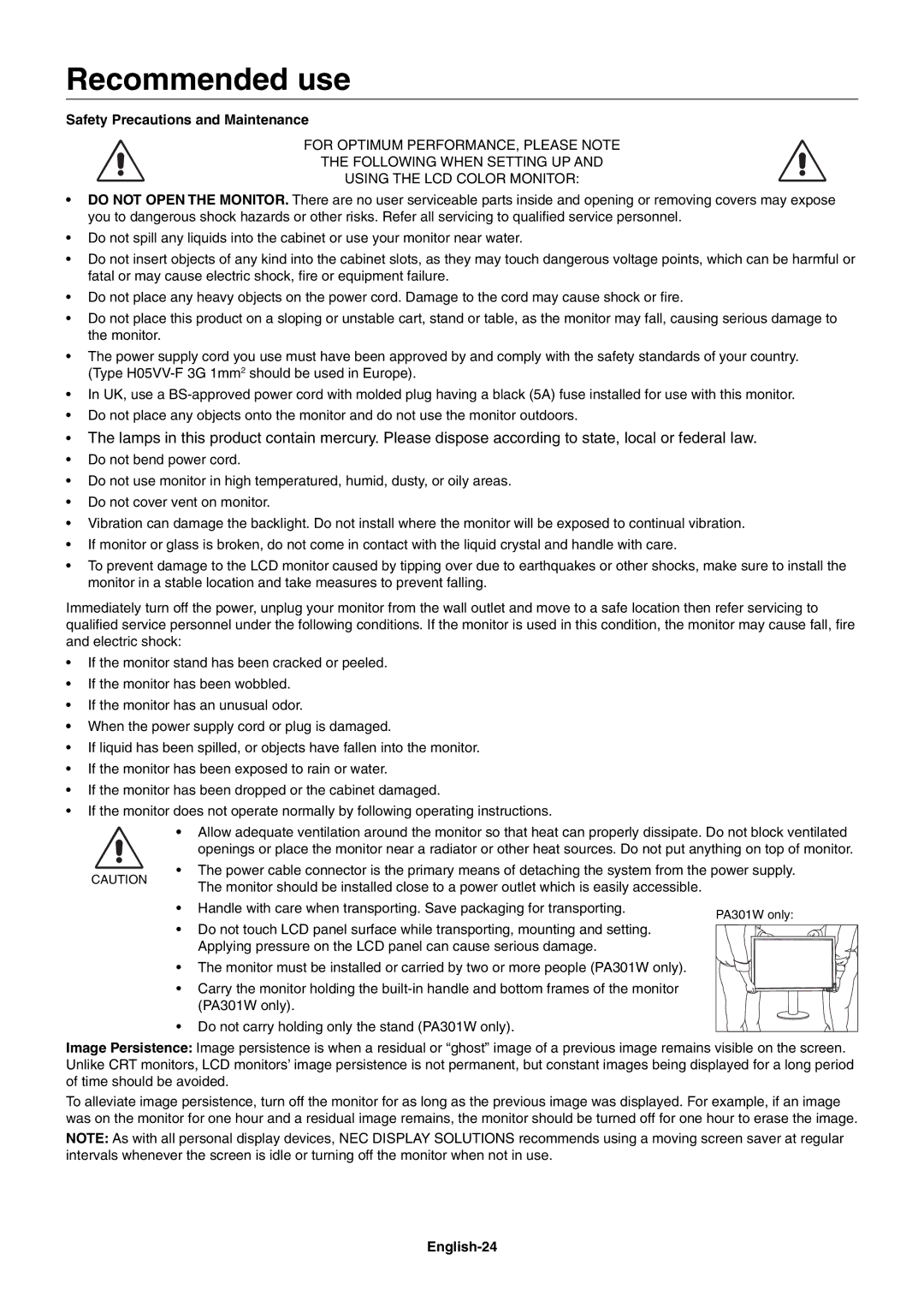 NEC PA301W, PA231W user manual Recommended use, Safety Precautions and Maintenance, English-24 