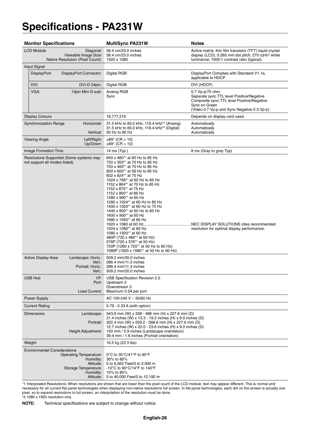 NEC PA301W user manual Speciﬁcations PA231W, Monitor Speciﬁcations MultiSync PA231W, English-26 