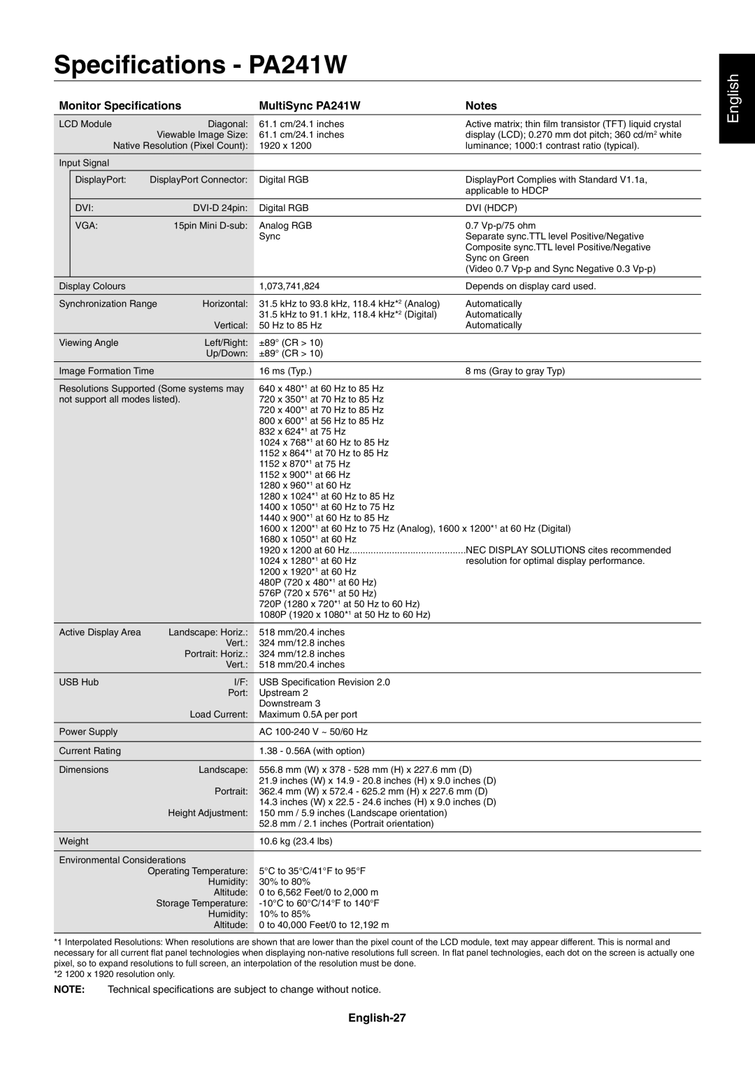 NEC PA231W, PA301W user manual Speciﬁcations PA241W, Monitor Speciﬁcations MultiSync PA241W, English-27 