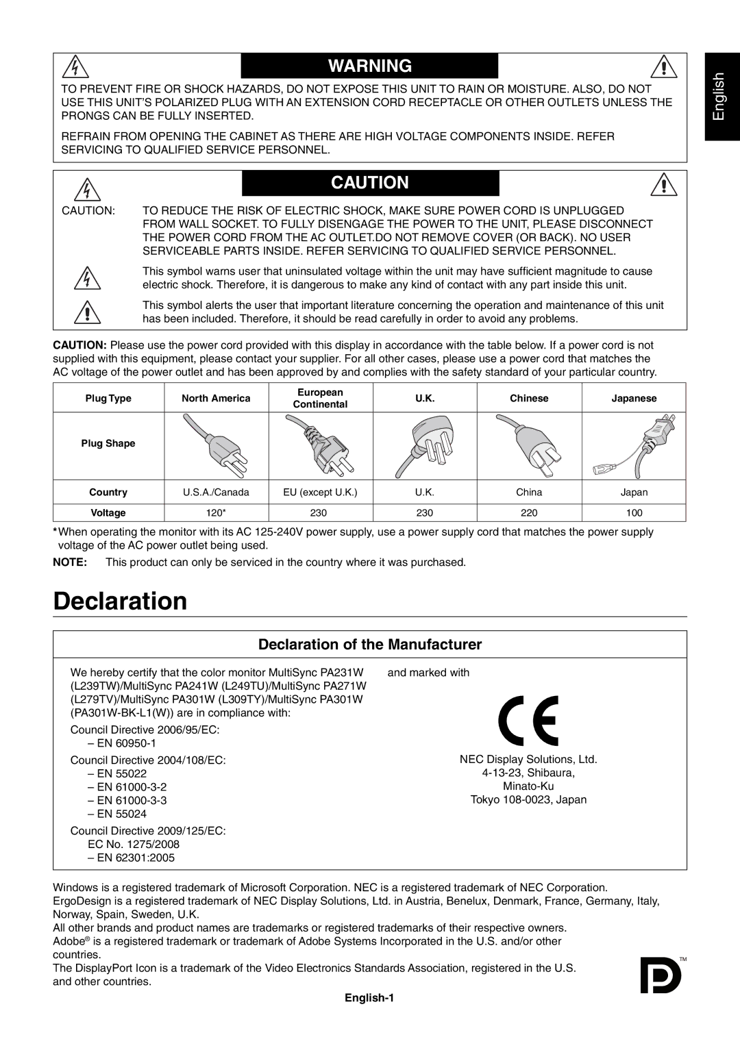 NEC PA231W, PA301W user manual Declaration of the Manufacturer, English-1 