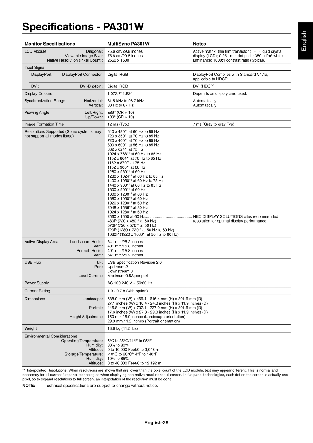 NEC PA231W user manual Speciﬁcations PA301W, Monitor Speciﬁcations MultiSync PA301W, English-29 