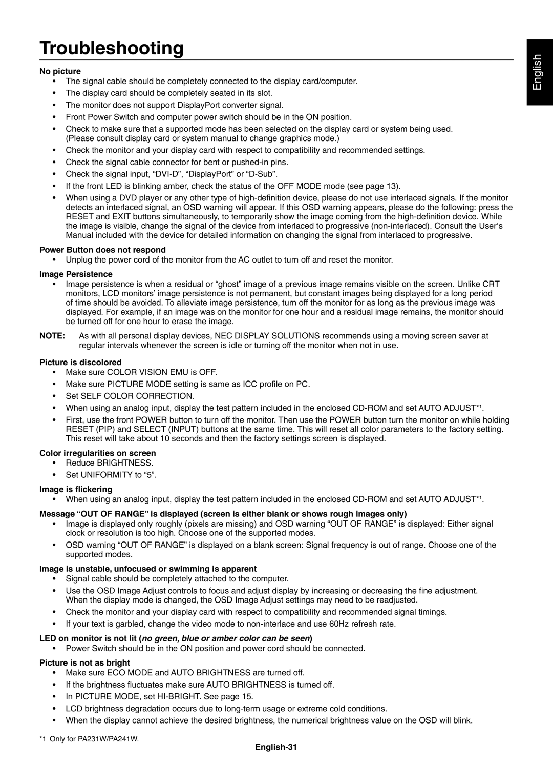 NEC PA231W, PA301W user manual Troubleshooting 