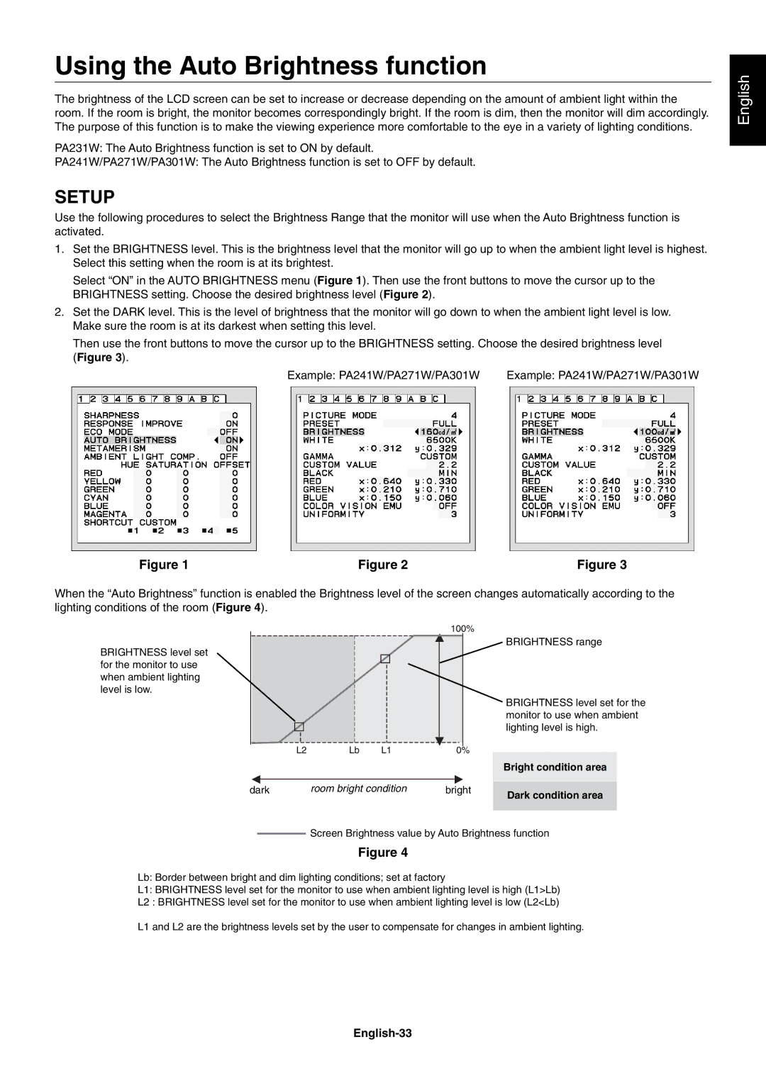 NEC PA231W, PA301W user manual Using the Auto Brightness function, English-33 