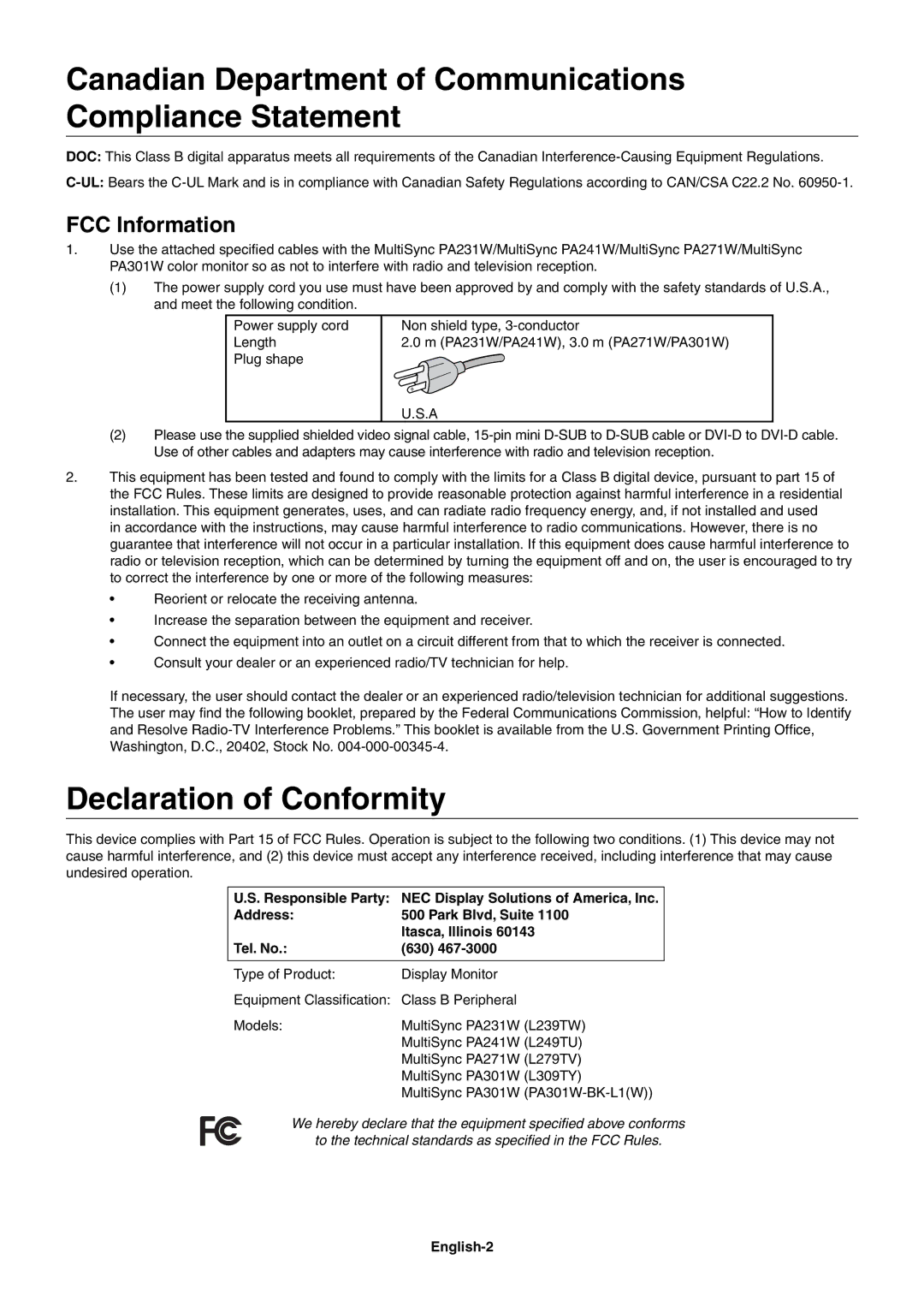 NEC PA301W, PA231W Canadian Department of Communications Compliance Statement, Declaration of Conformity, FCC Information 