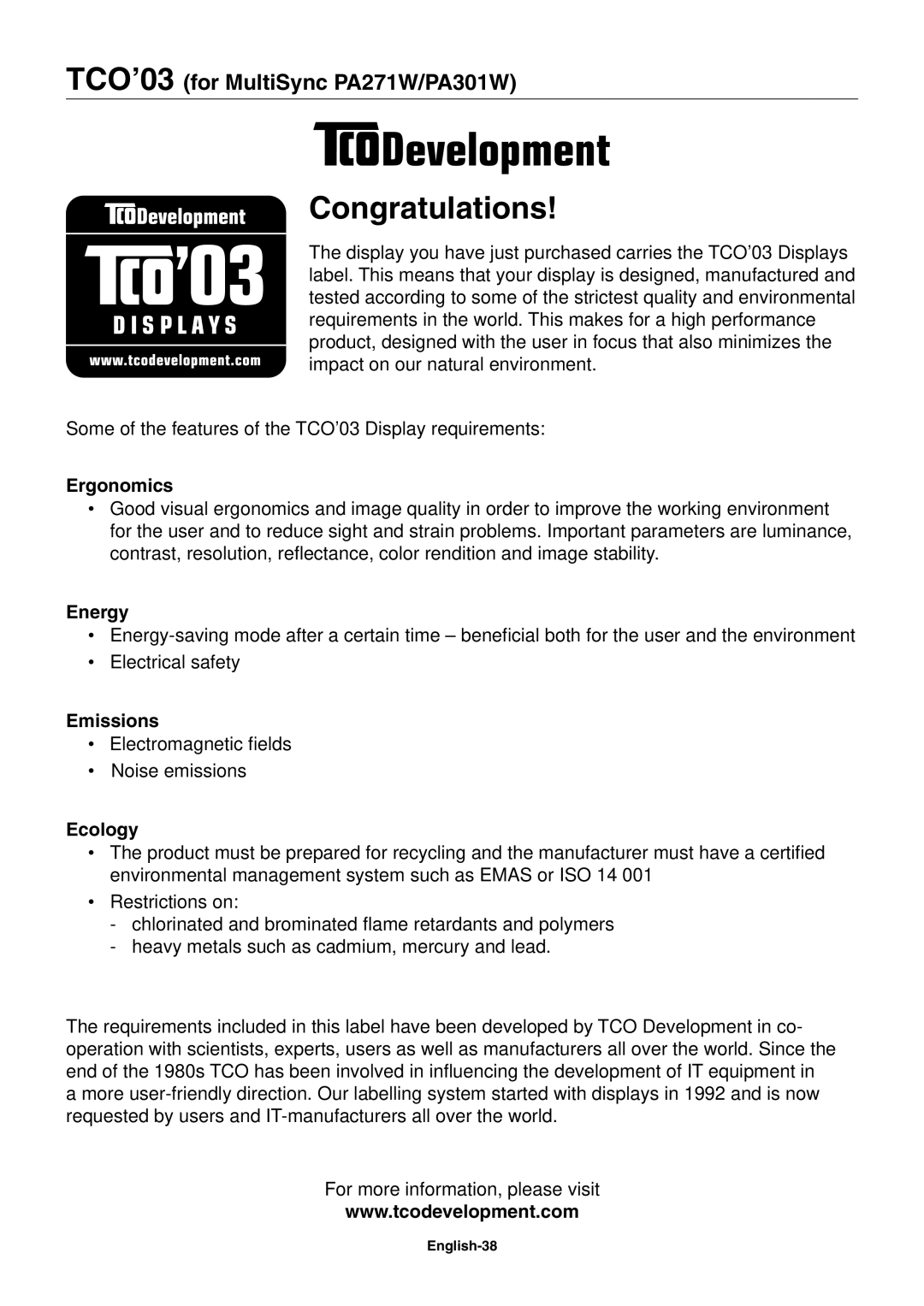 NEC PA231W user manual Congratulations, TCO’03 for MultiSync PA271W/PA301W 