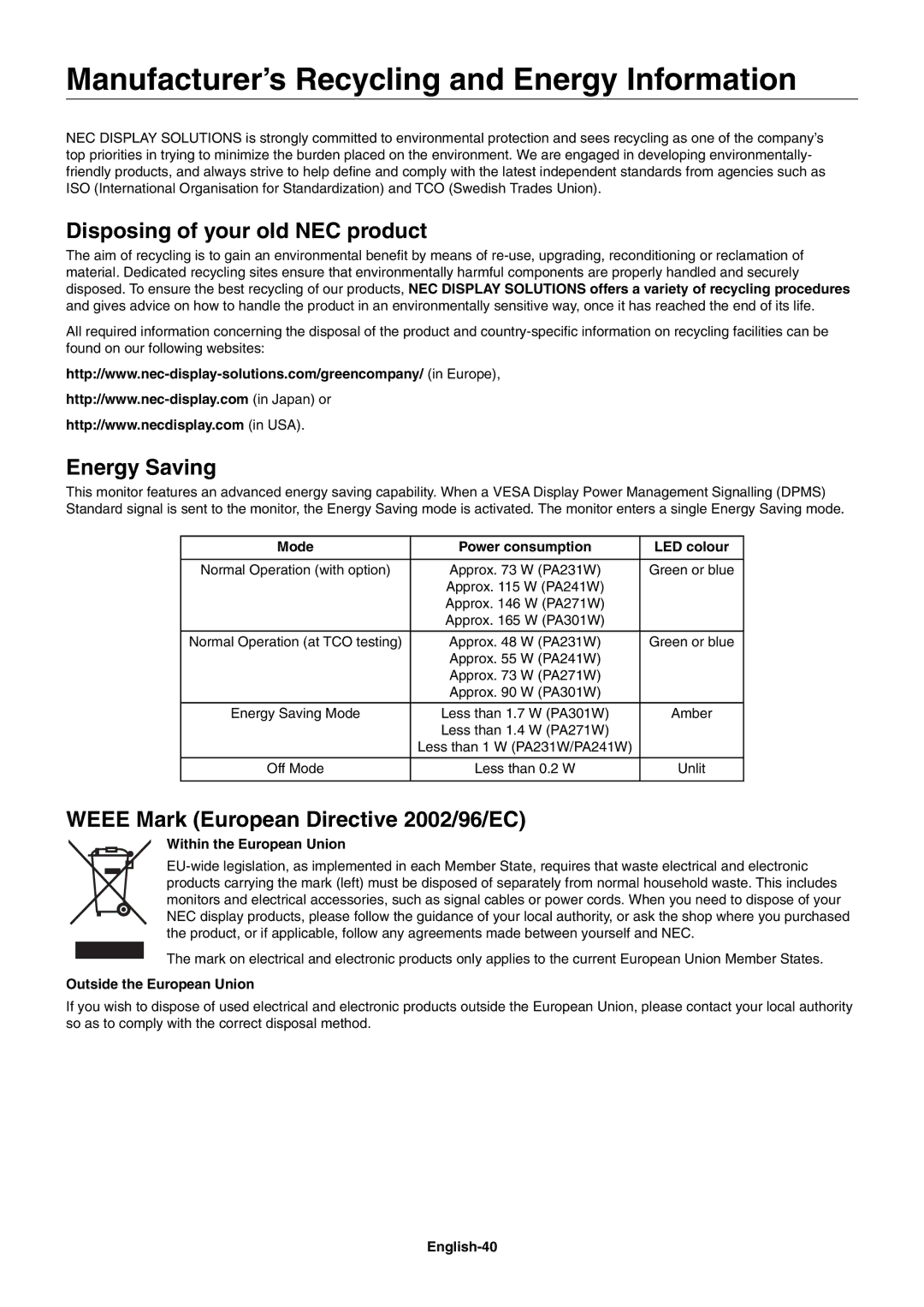 NEC PA301W, PA231W Manufacturer’s Recycling and Energy Information, Disposing of your old NEC product, Energy Saving 