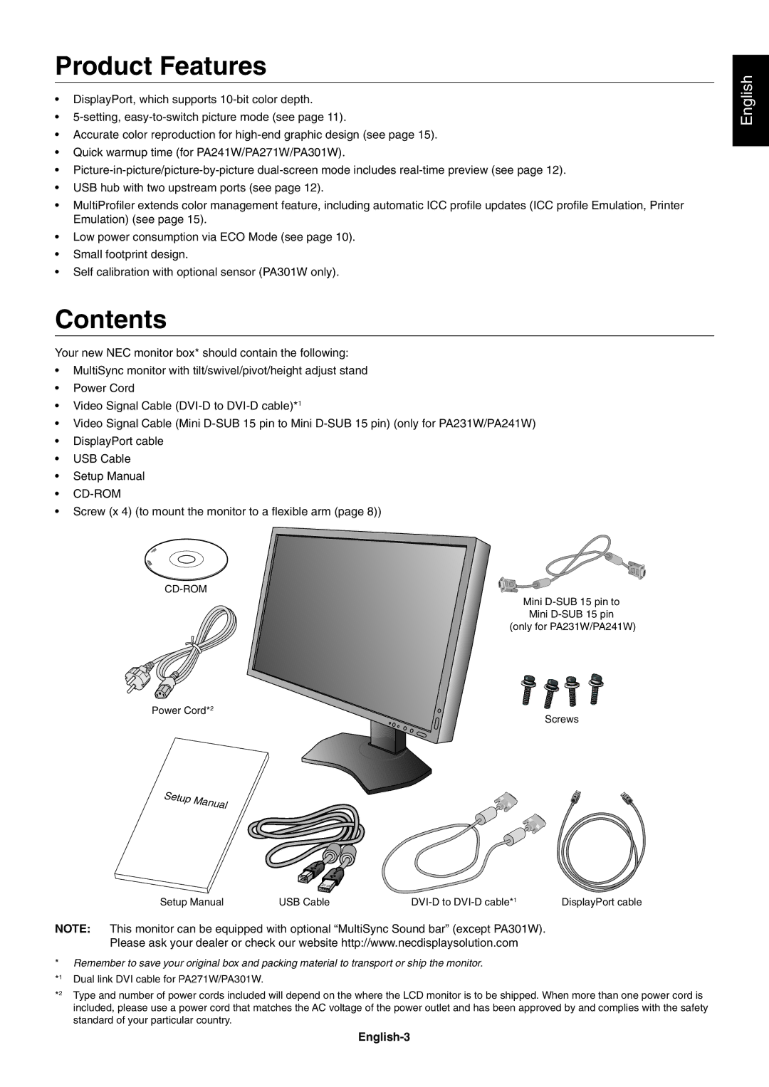 NEC PA231W, PA301W user manual Product Features, Contents 