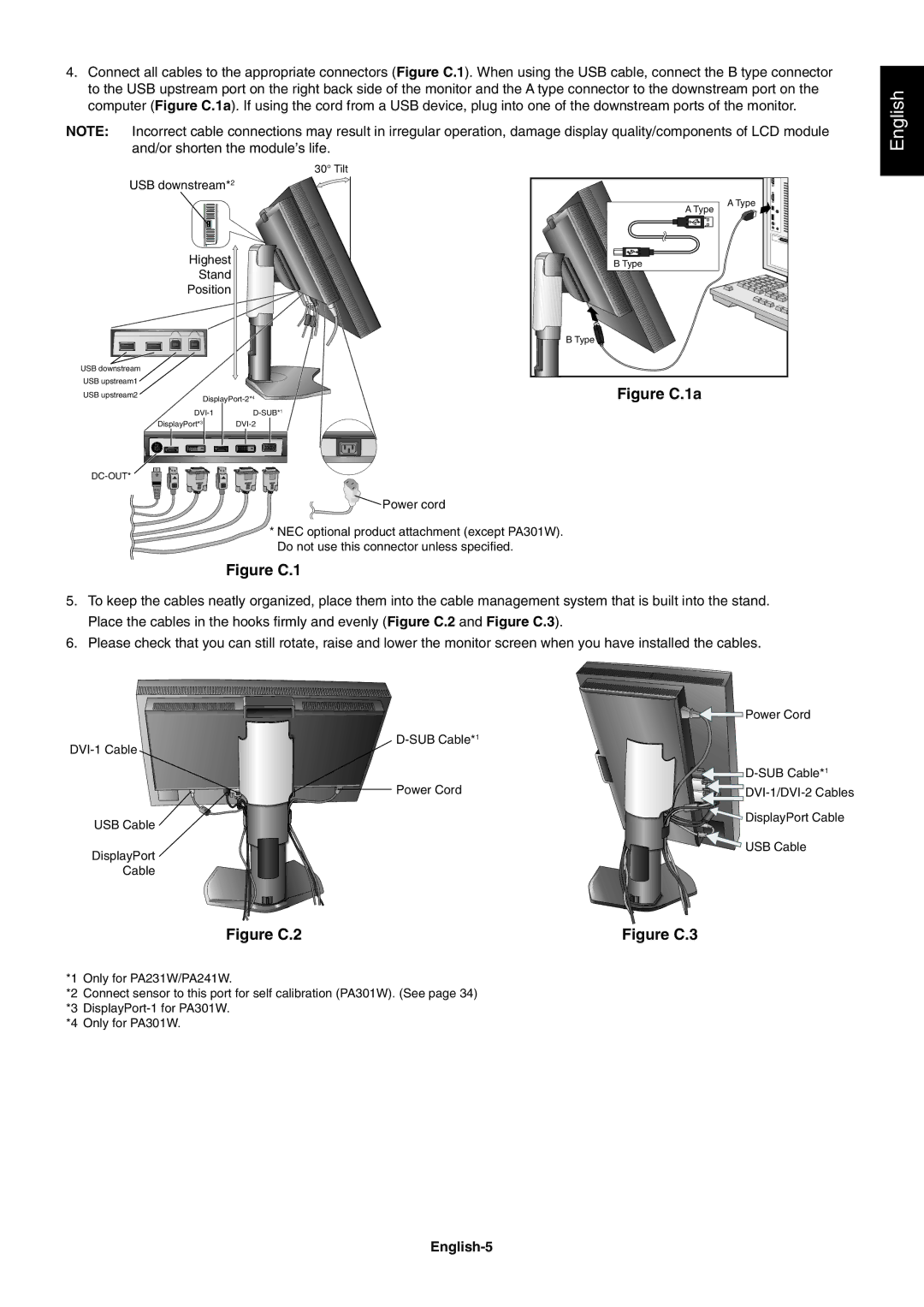 NEC PA231W, PA301W user manual English-5, USB downstream*2 Highest Stand Position 