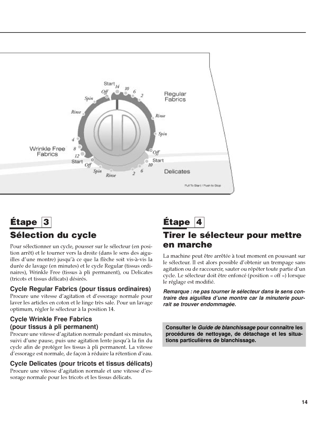 NEC PAV-1 warranty Étape Sélection du cycle, Étape Tirer le sélecteur pour mettre en marche 